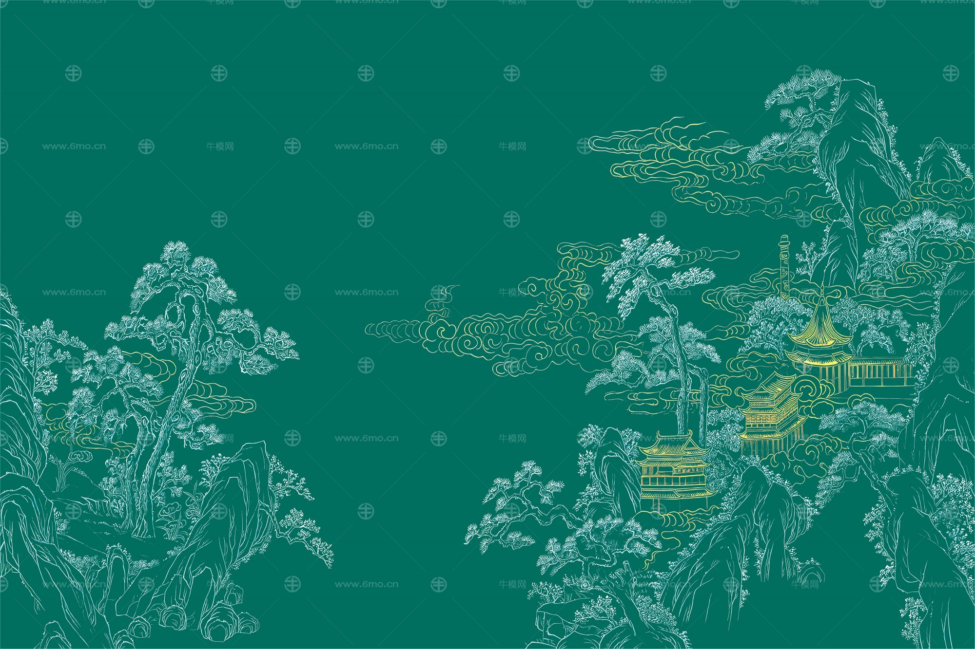 高清新中式亭台楼阁线条肌理背景墙壁画