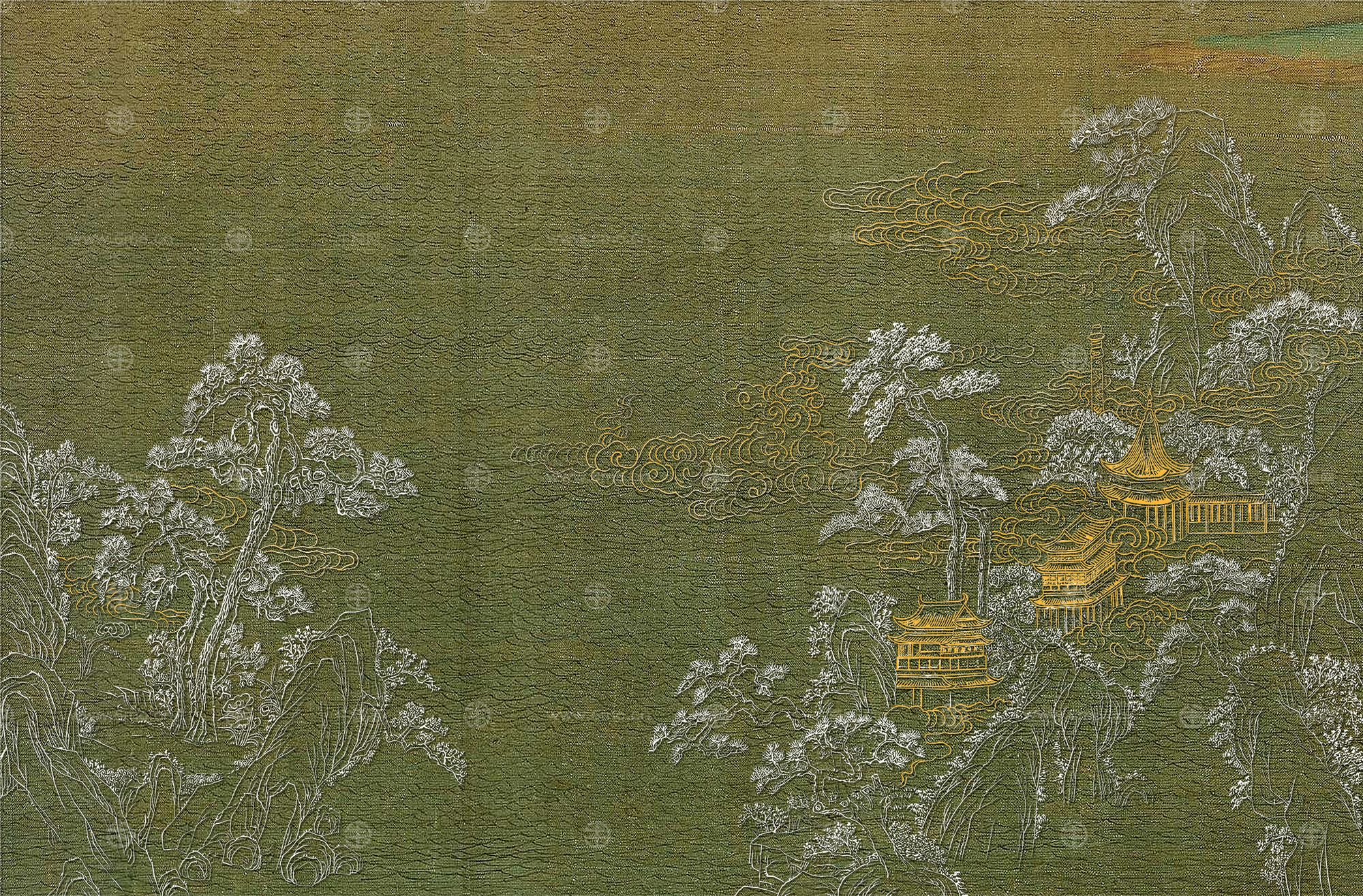 高清新中式亭台楼阁线条肌理背景墙壁画