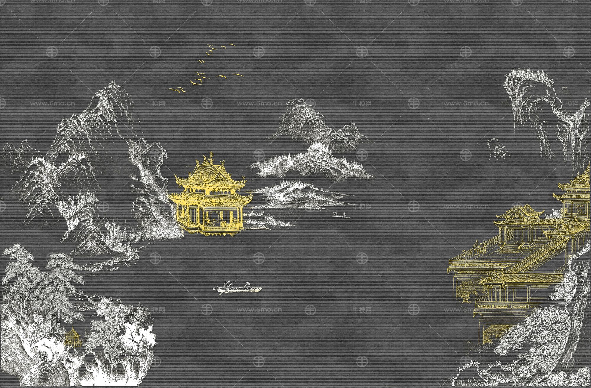 高清新中式亭台楼阁线条肌理背景墙壁画