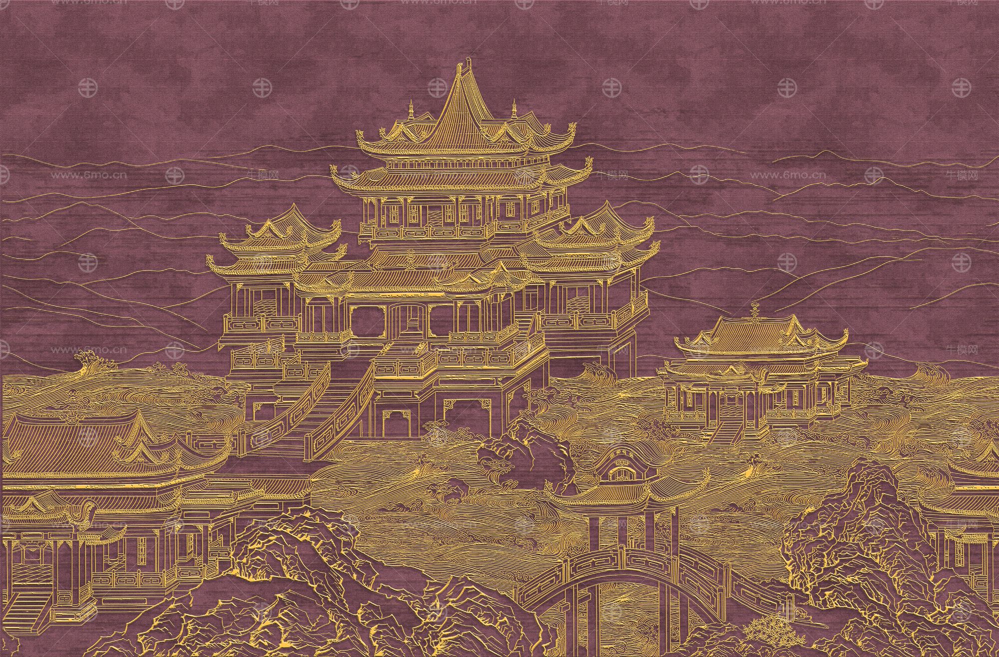 高清新中式亭台楼阁线条肌理背景墙壁画