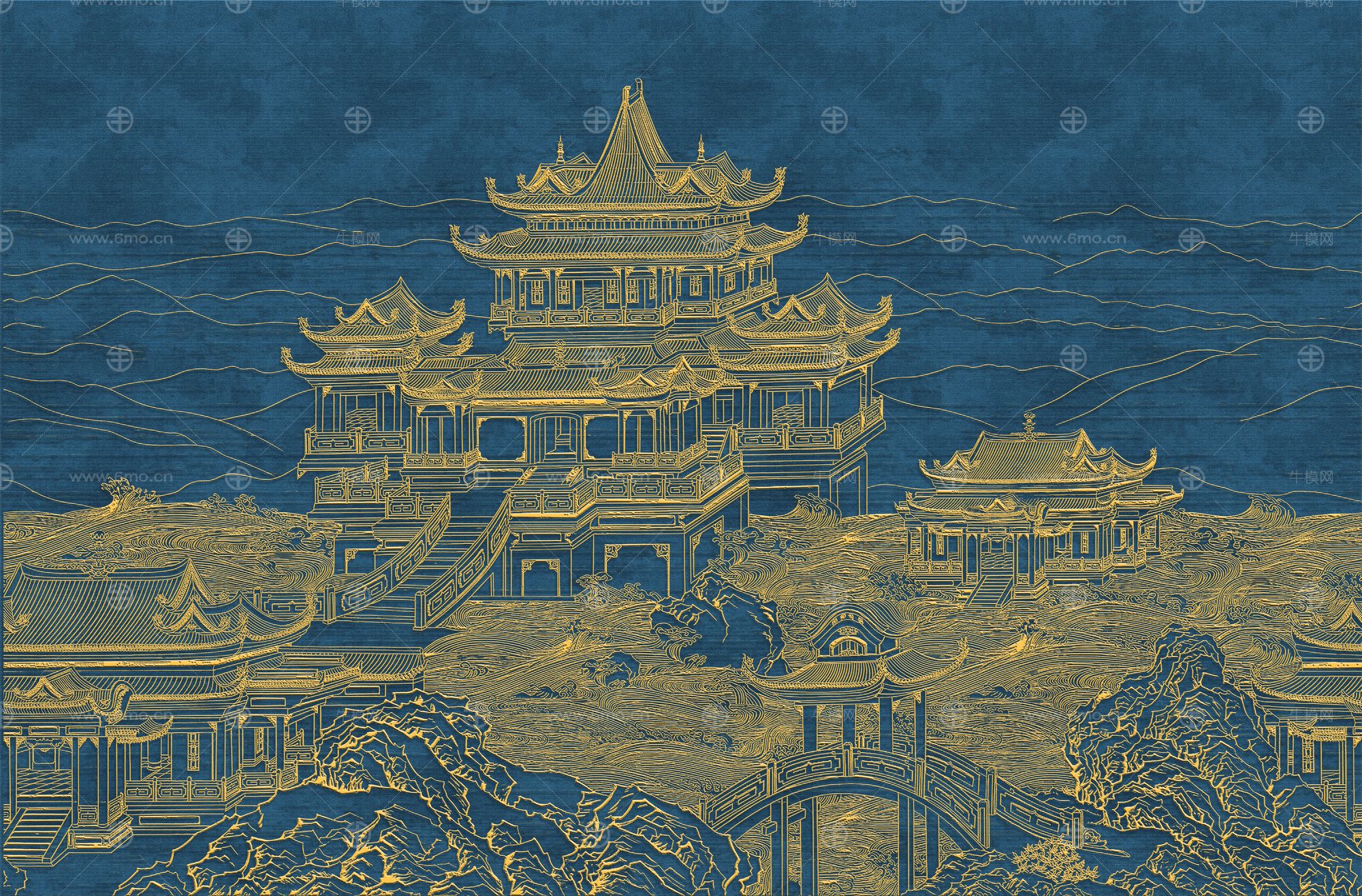 高清新中式亭台楼阁线条肌理背景墙壁画