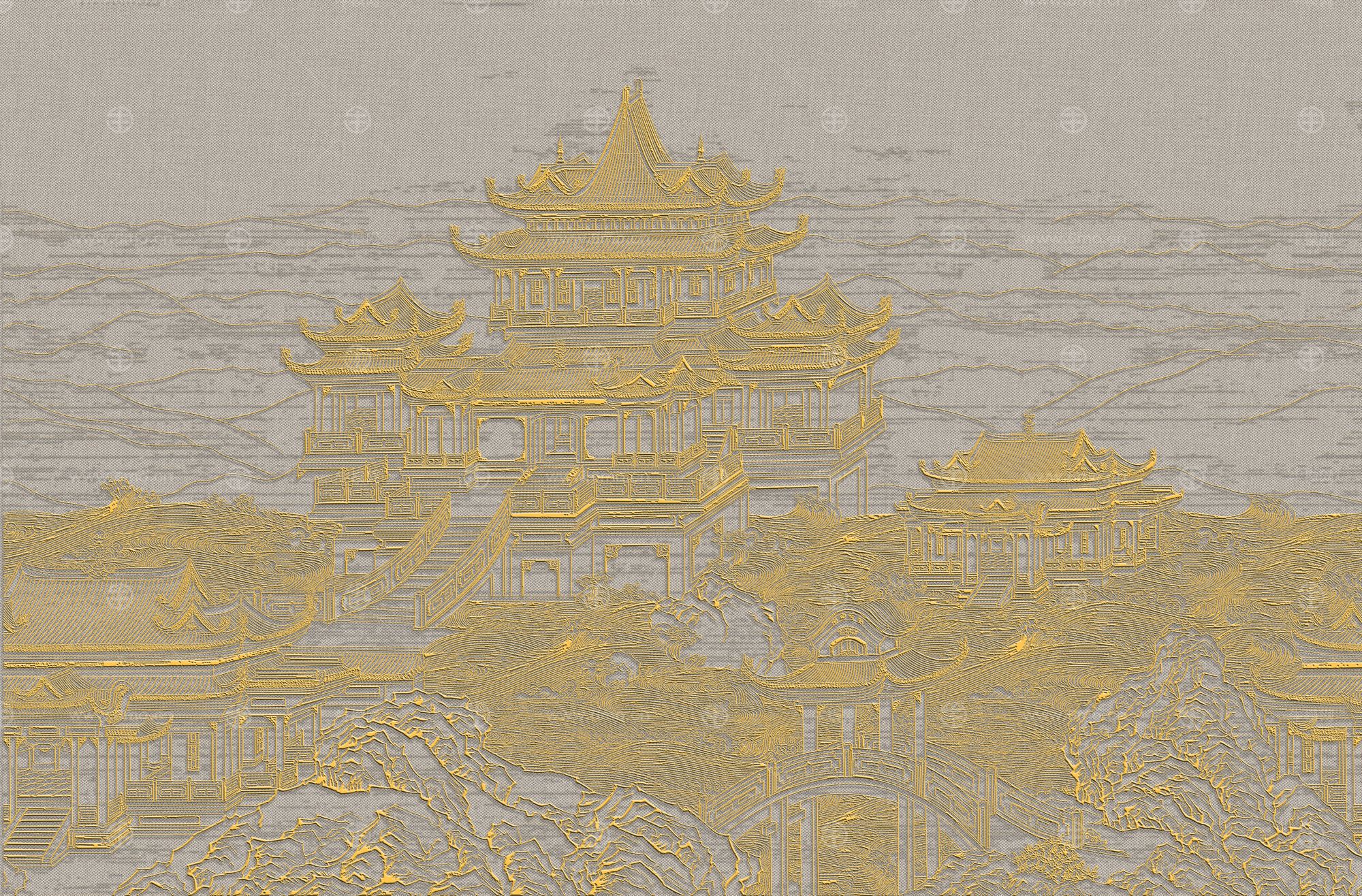 高清新中式亭台楼阁线条肌理背景墙壁画
