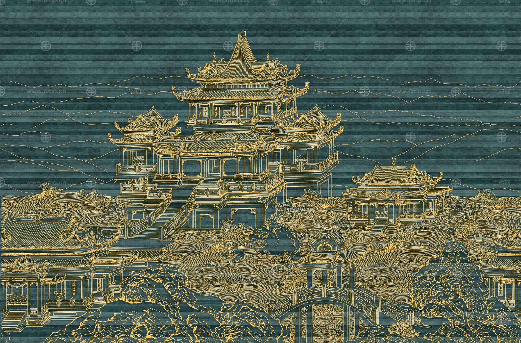 高清新中式亭台楼阁线条肌理背景墙壁画