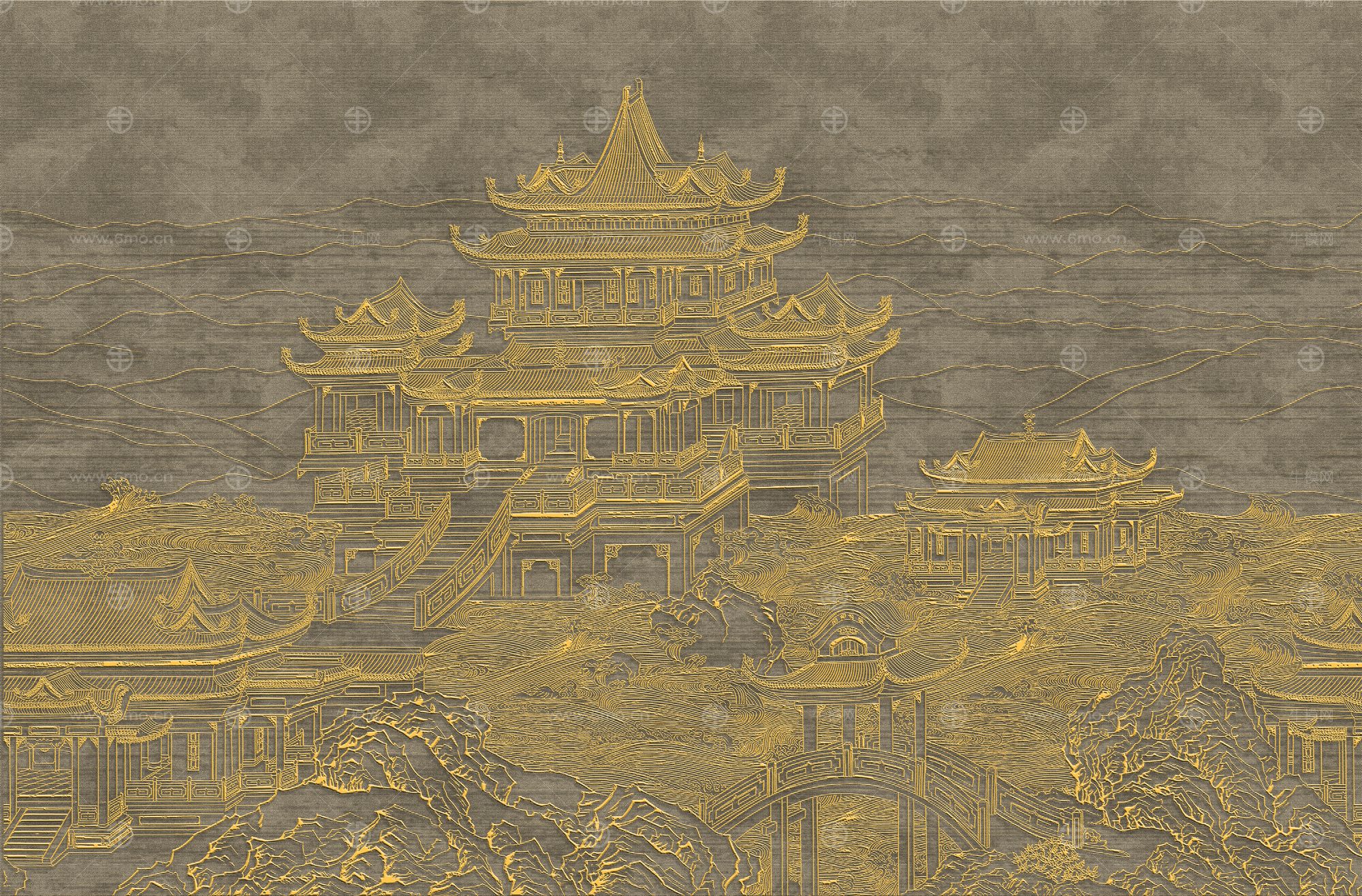 高清新中式亭台楼阁线条肌理背景墙壁画