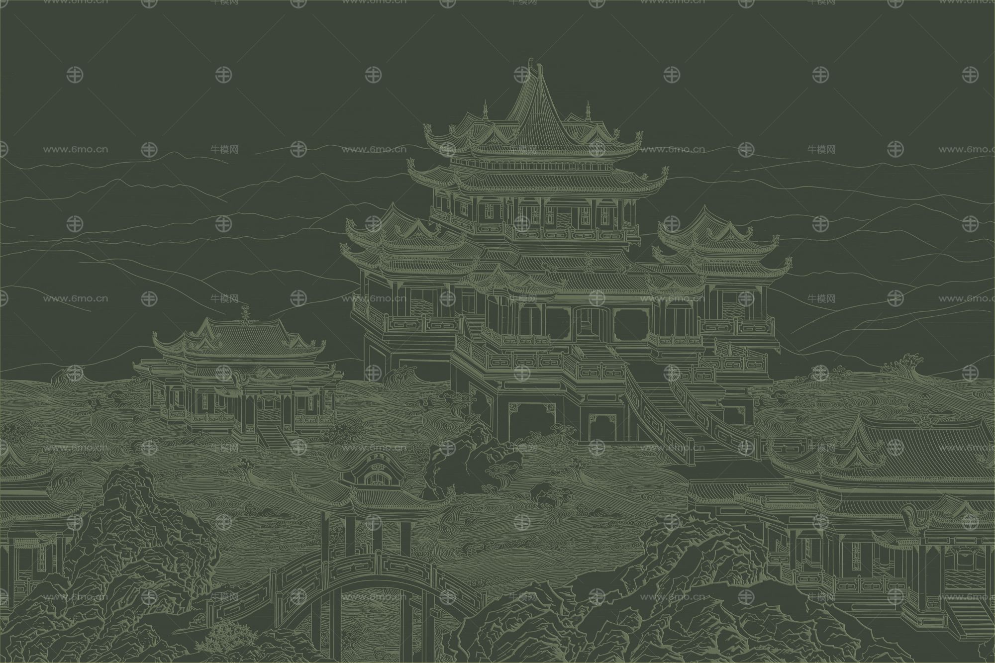 高清新中式亭台楼阁线条肌理背景墙壁画