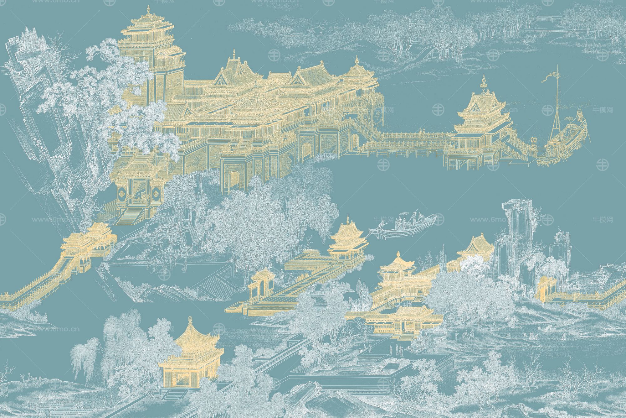 高清新中式亭台楼阁线条肌理背景墙壁画