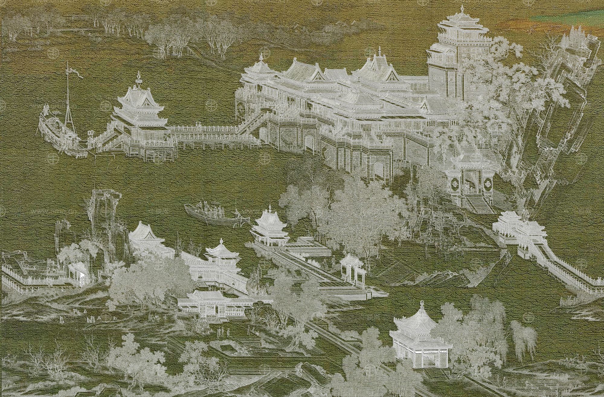 高清新中式亭台楼阁线条肌理背景墙壁画