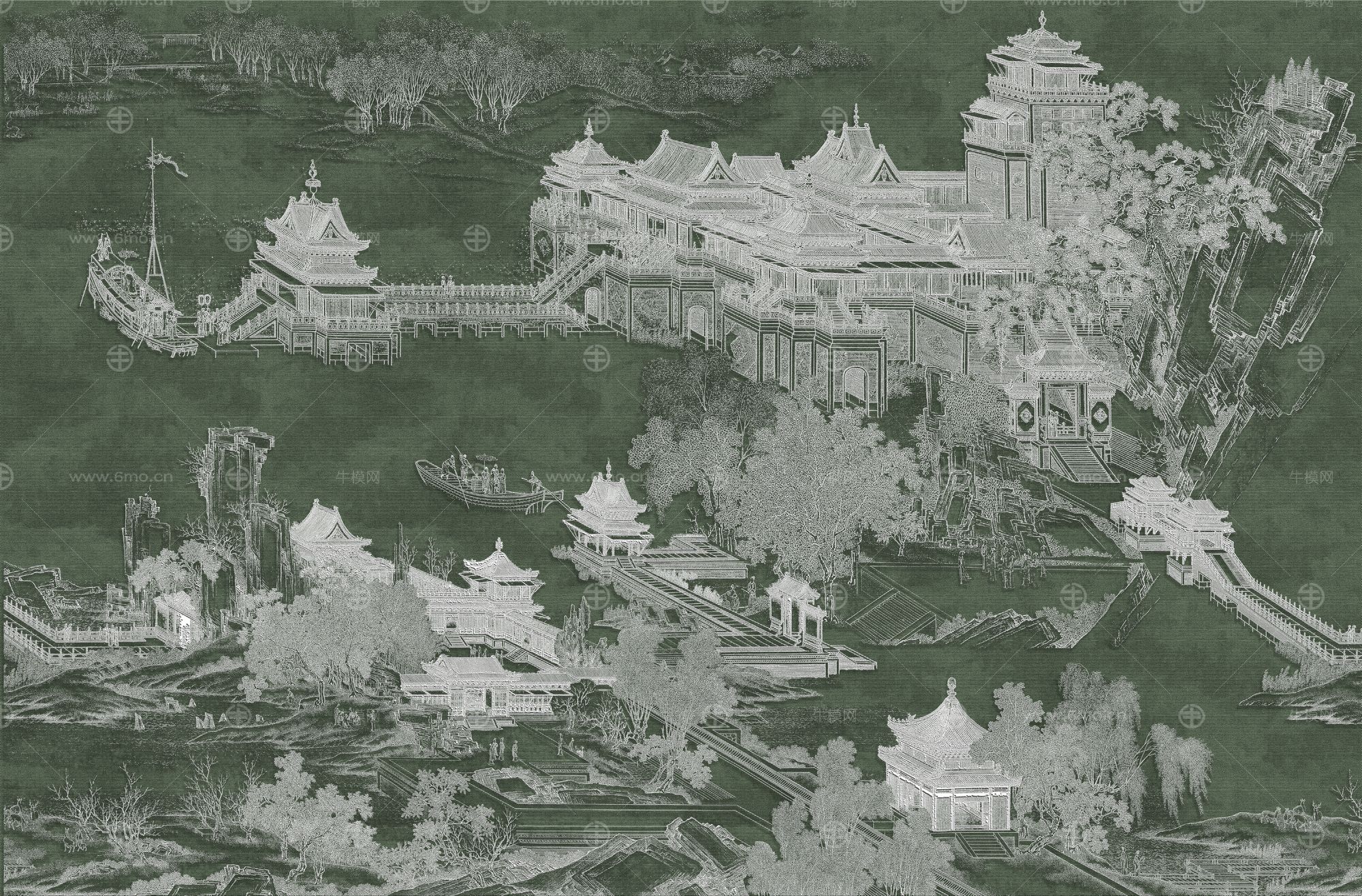 高清新中式亭台楼阁线条肌理背景墙壁画