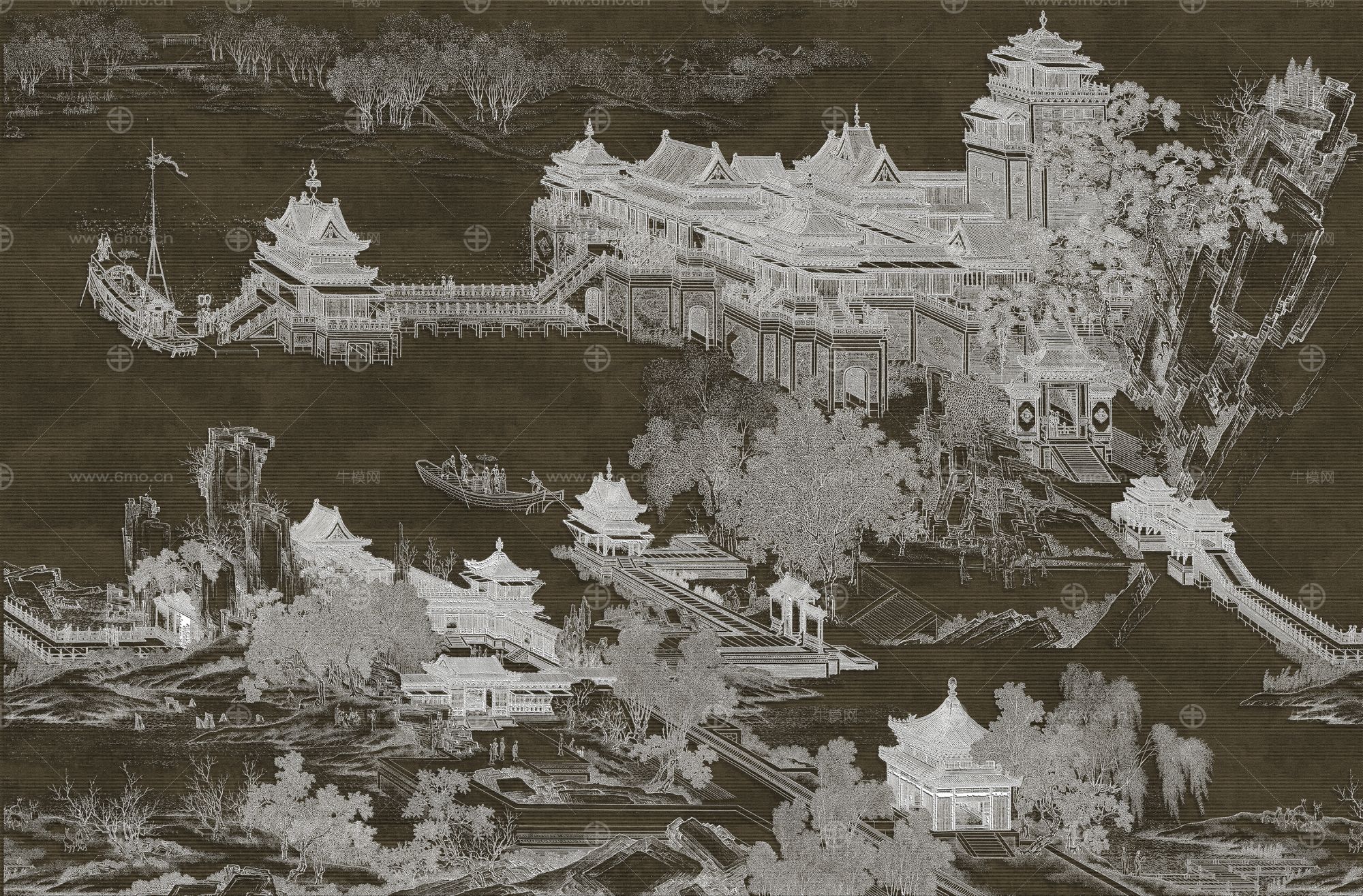 高清新中式亭台楼阁线条肌理背景墙壁画