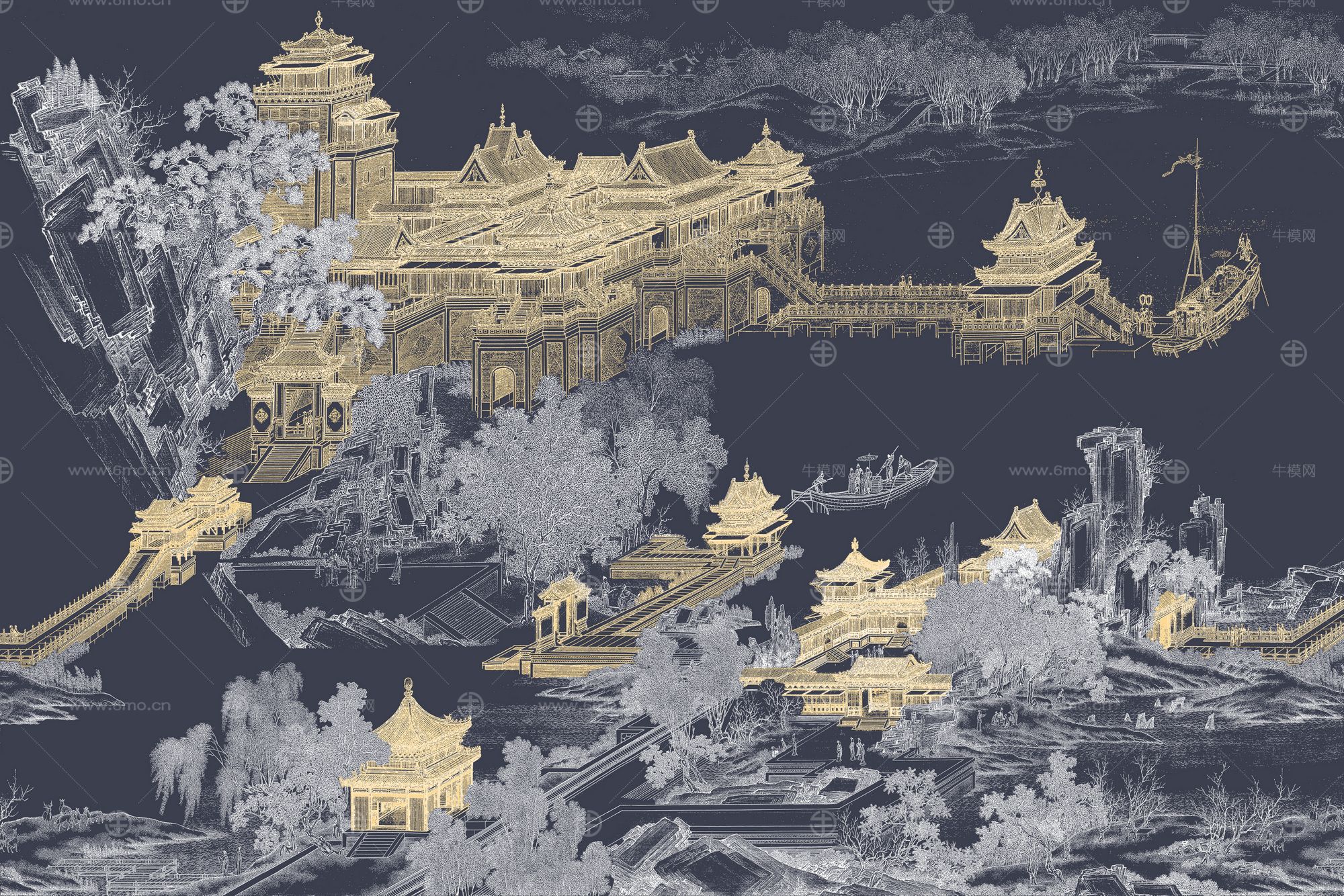 高清新中式亭台楼阁线条肌理背景墙壁画