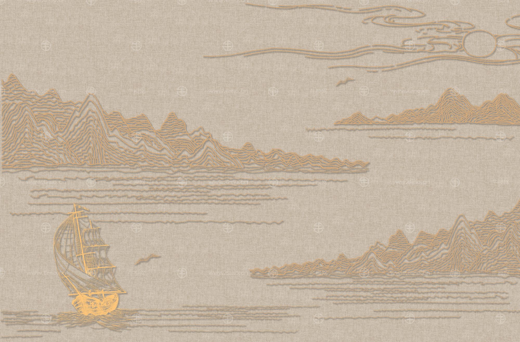 高清新中式亭台楼阁线条肌理背景墙壁画