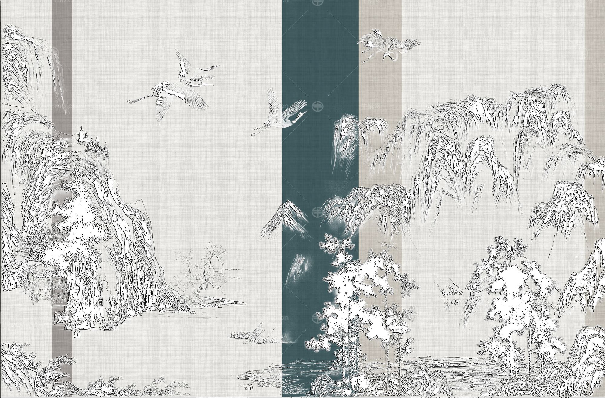 高清新中式亭台楼阁线条肌理背景墙壁画