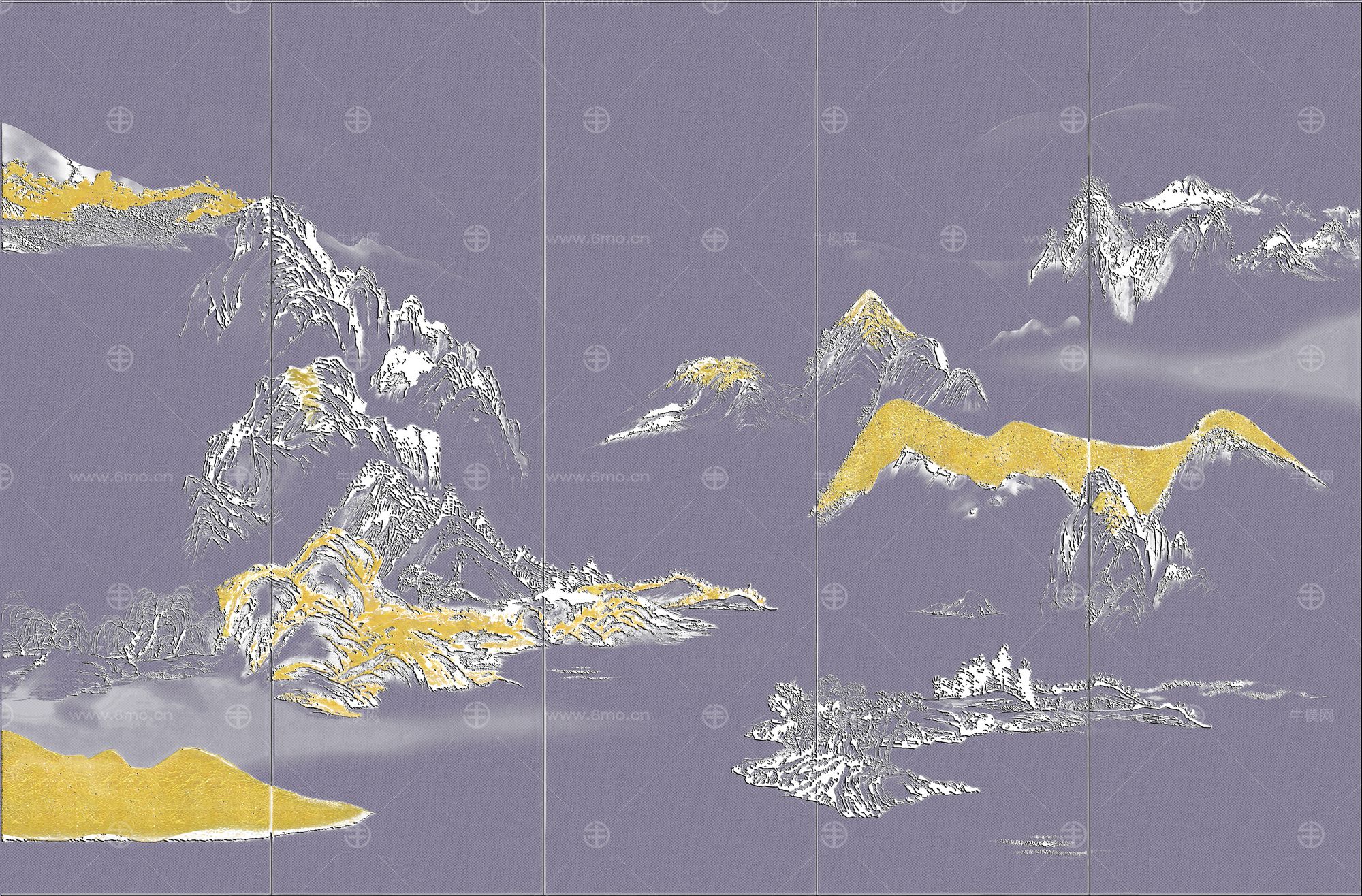 高清新中式亭台楼阁线条肌理背景墙壁画