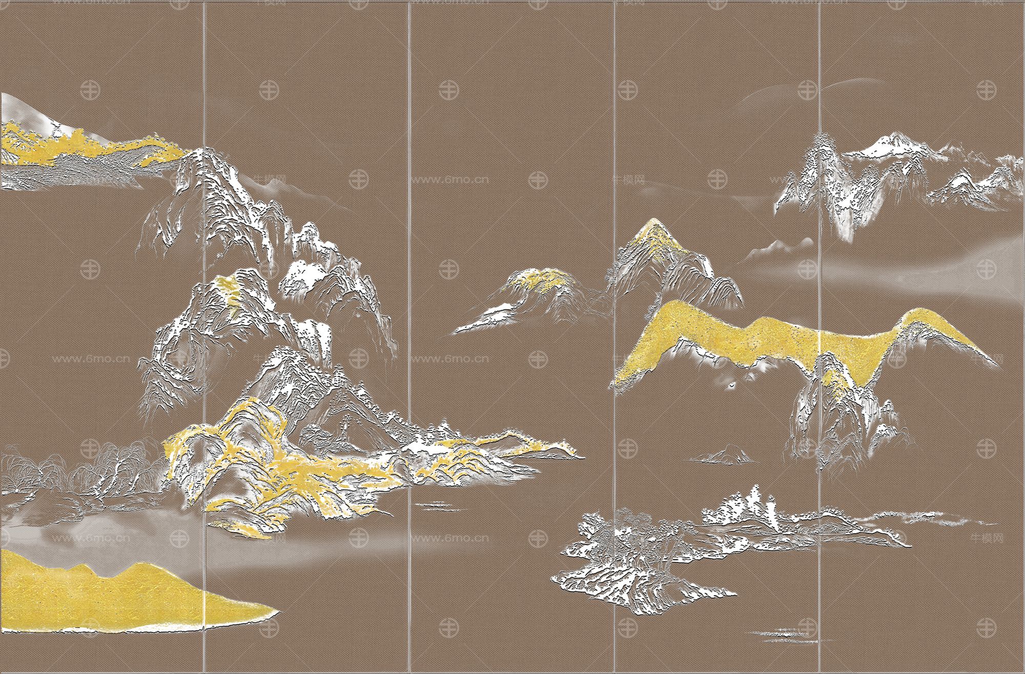 高清新中式亭台楼阁线条肌理背景墙壁画