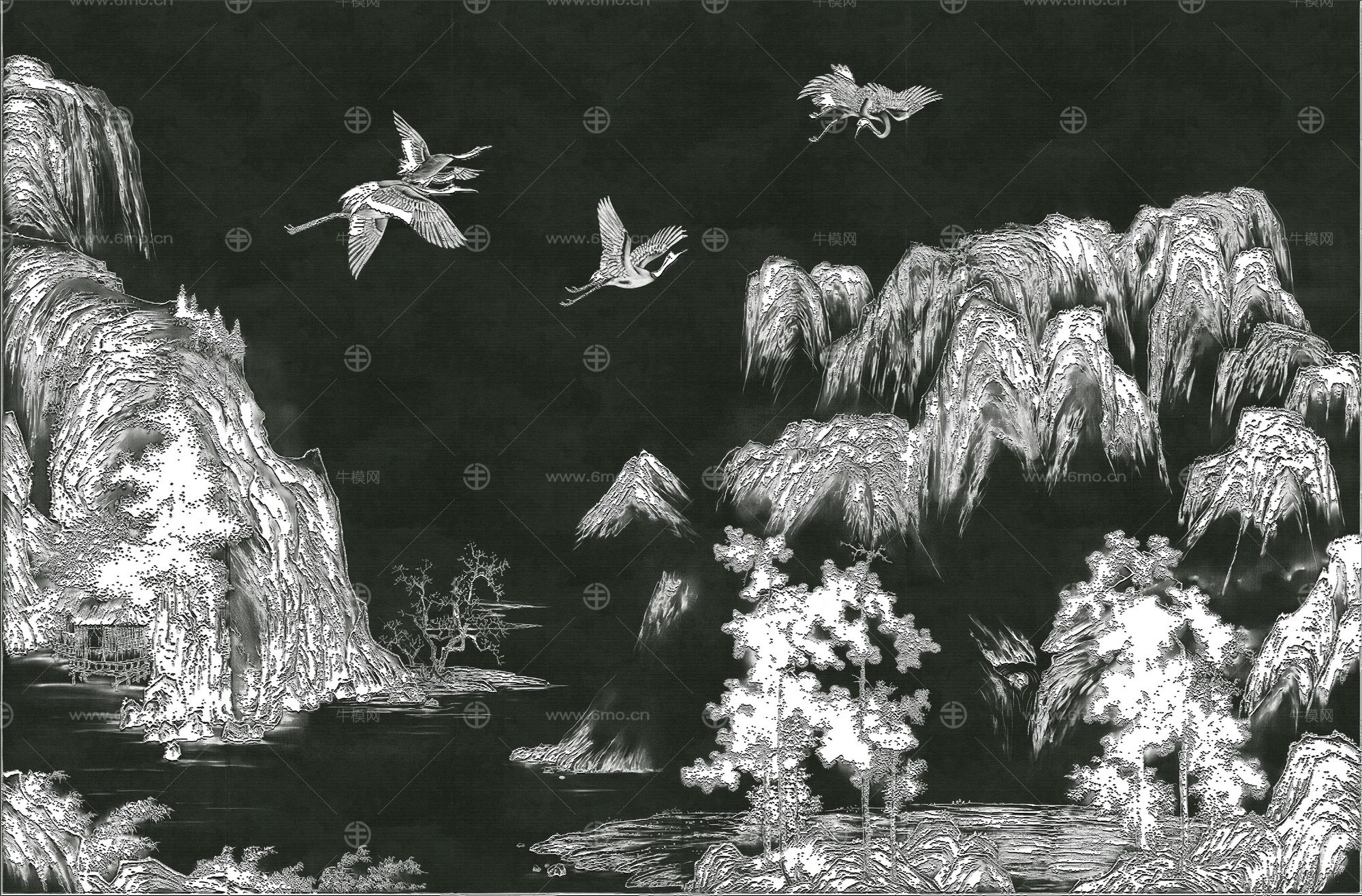 高清新中式亭台楼阁线条肌理背景墙壁画