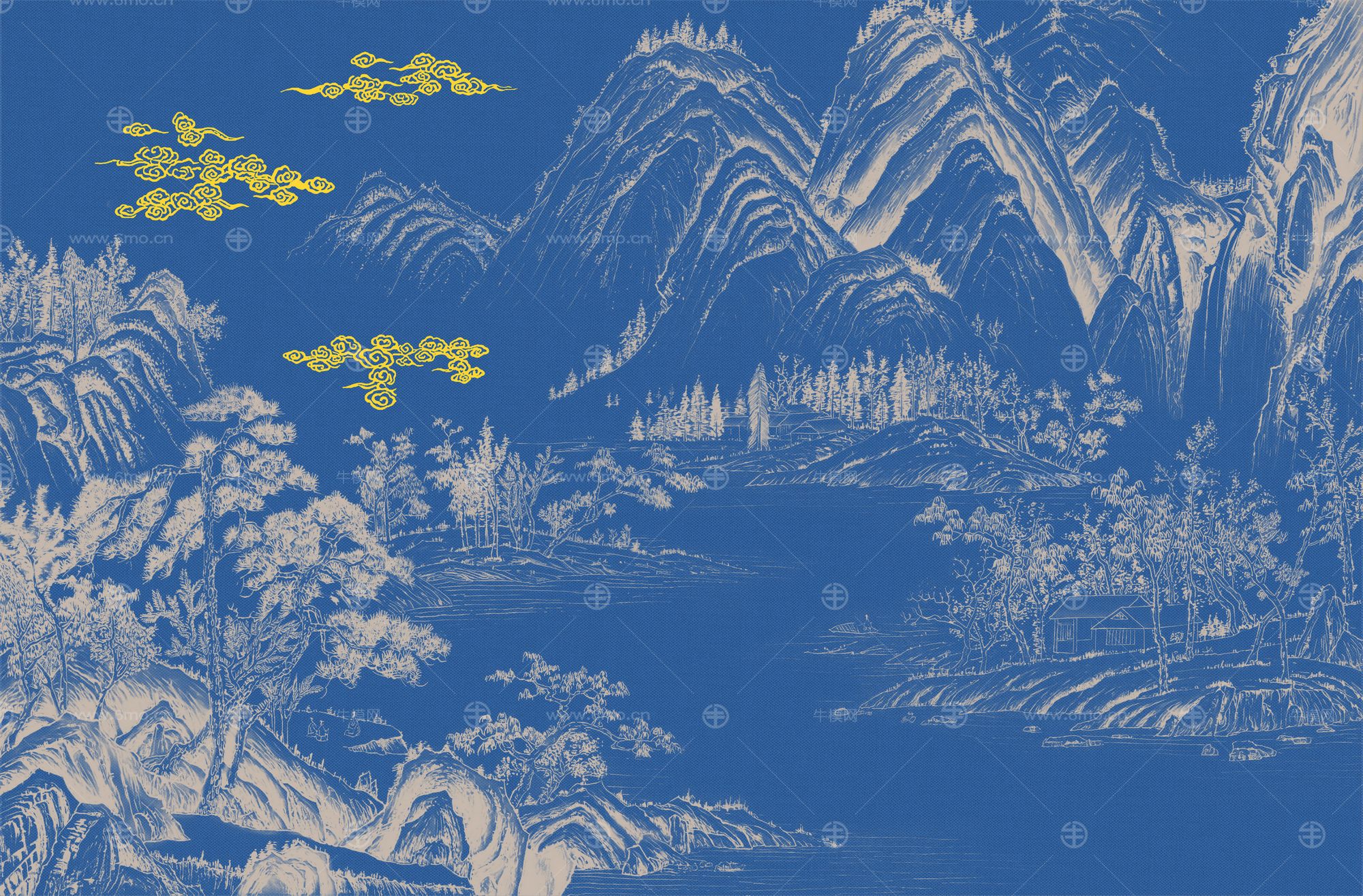 高清新中式亭台楼阁线条肌理背景墙壁画