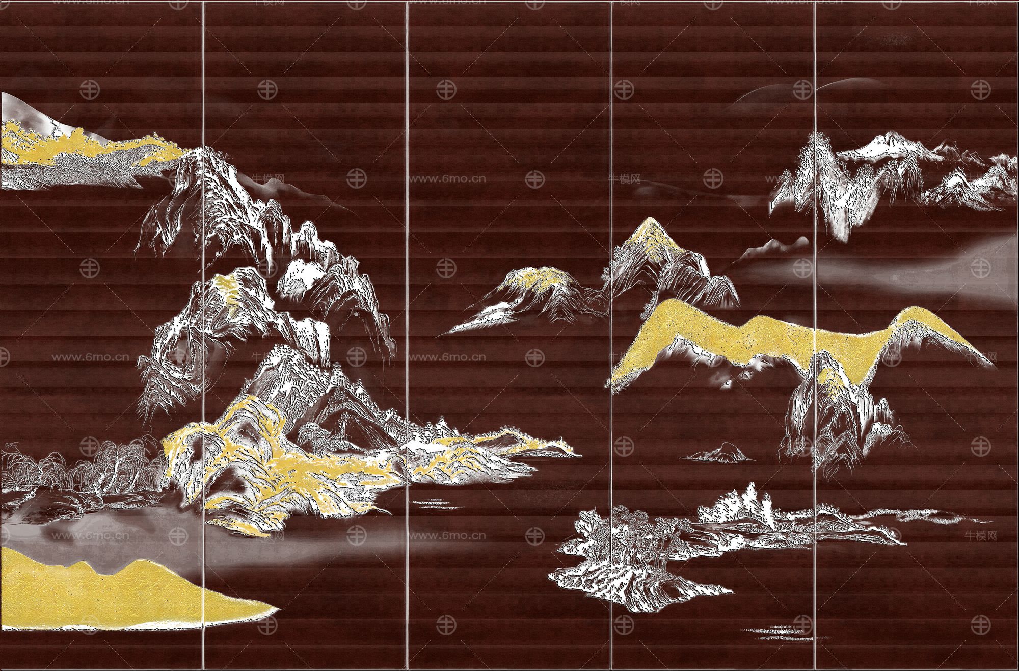 高清新中式亭台楼阁线条肌理背景墙壁画