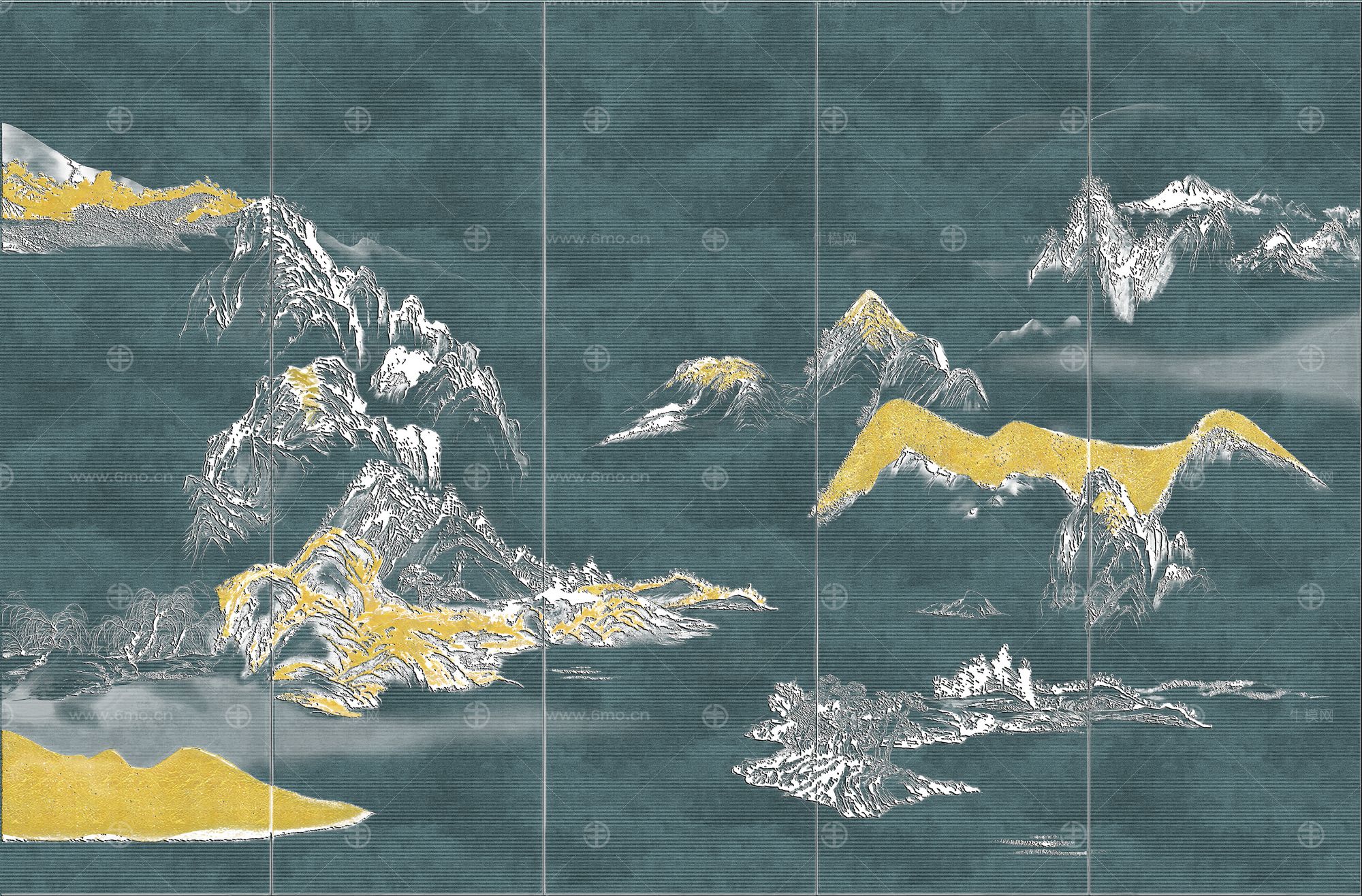 高清新中式亭台楼阁线条肌理背景墙壁画