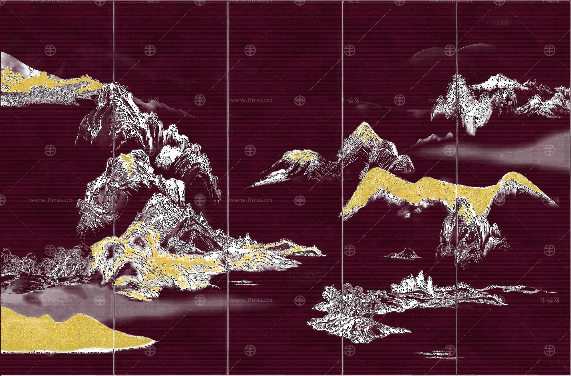 高清新中式亭台楼阁线条肌理背景墙壁画