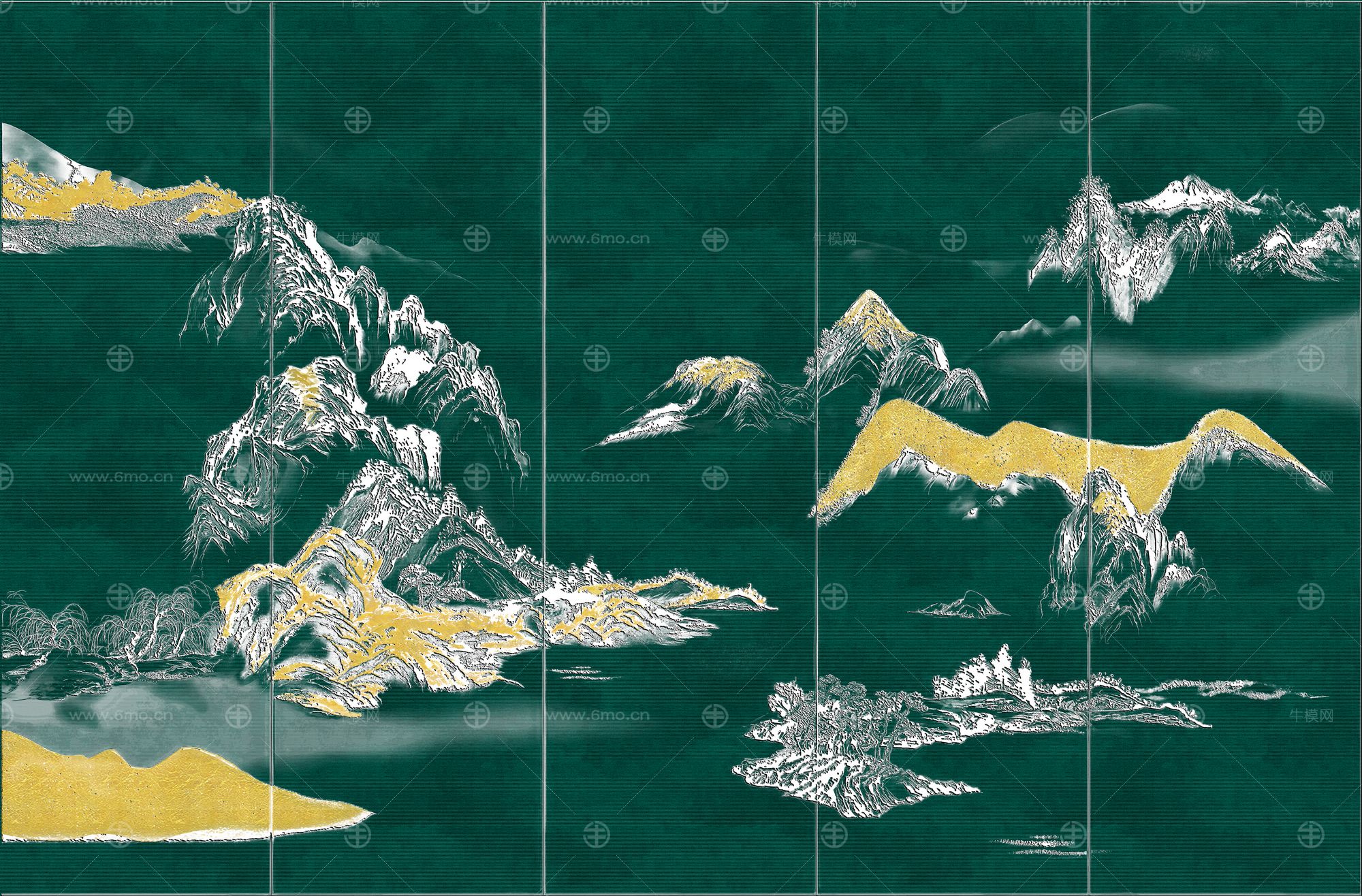 高清新中式亭台楼阁线条肌理背景墙壁画