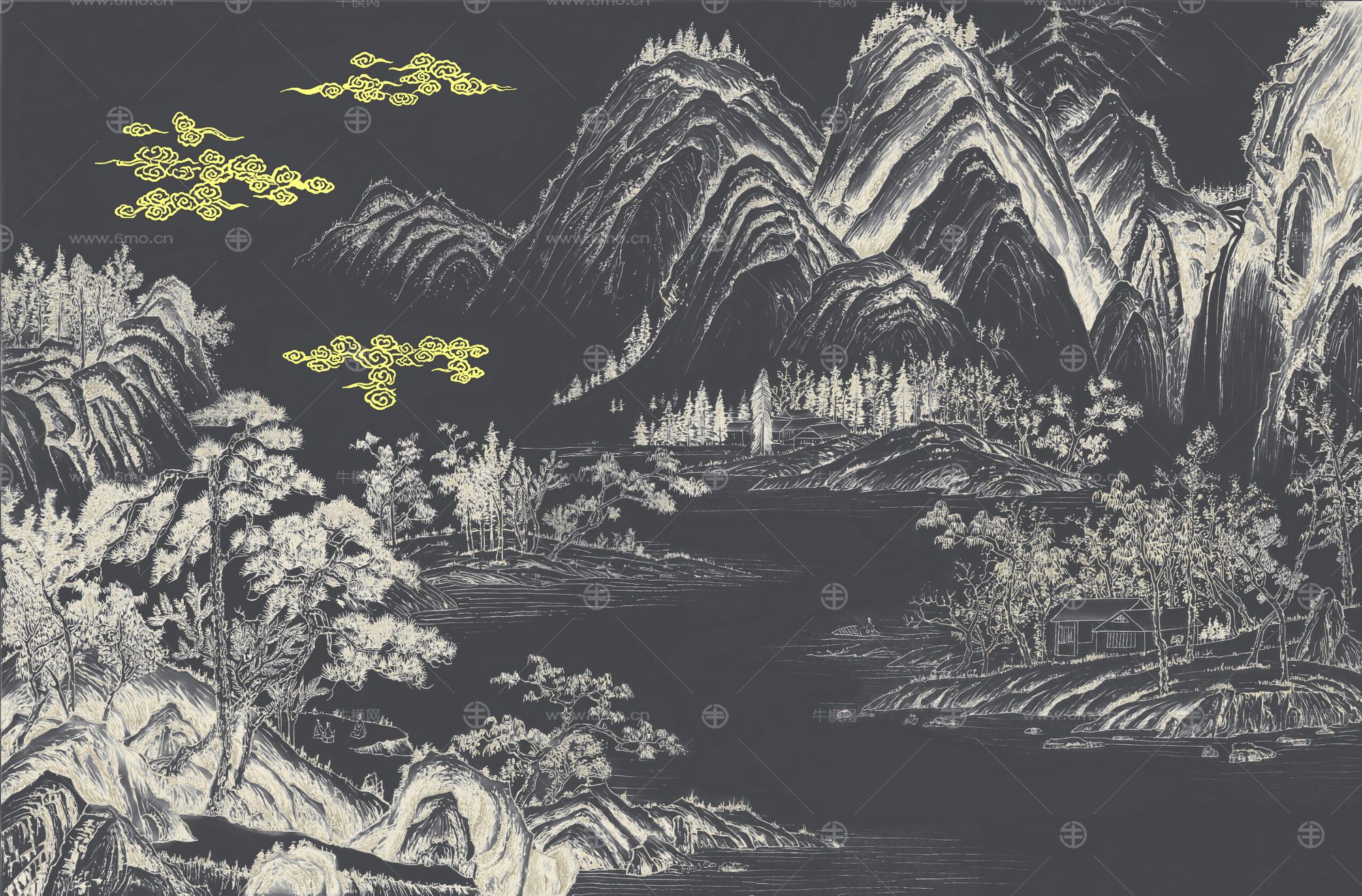 高清新中式亭台楼阁线条肌理背景墙壁画