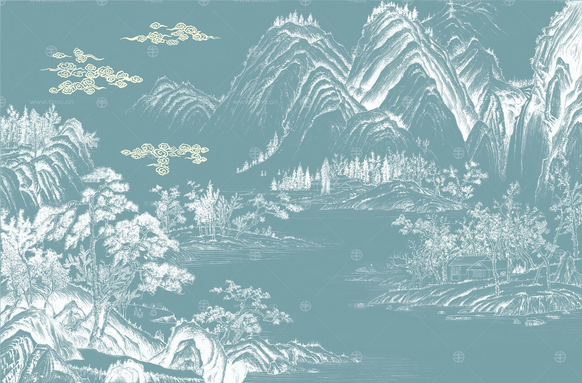 高清新中式亭台楼阁线条肌理背景墙壁画
