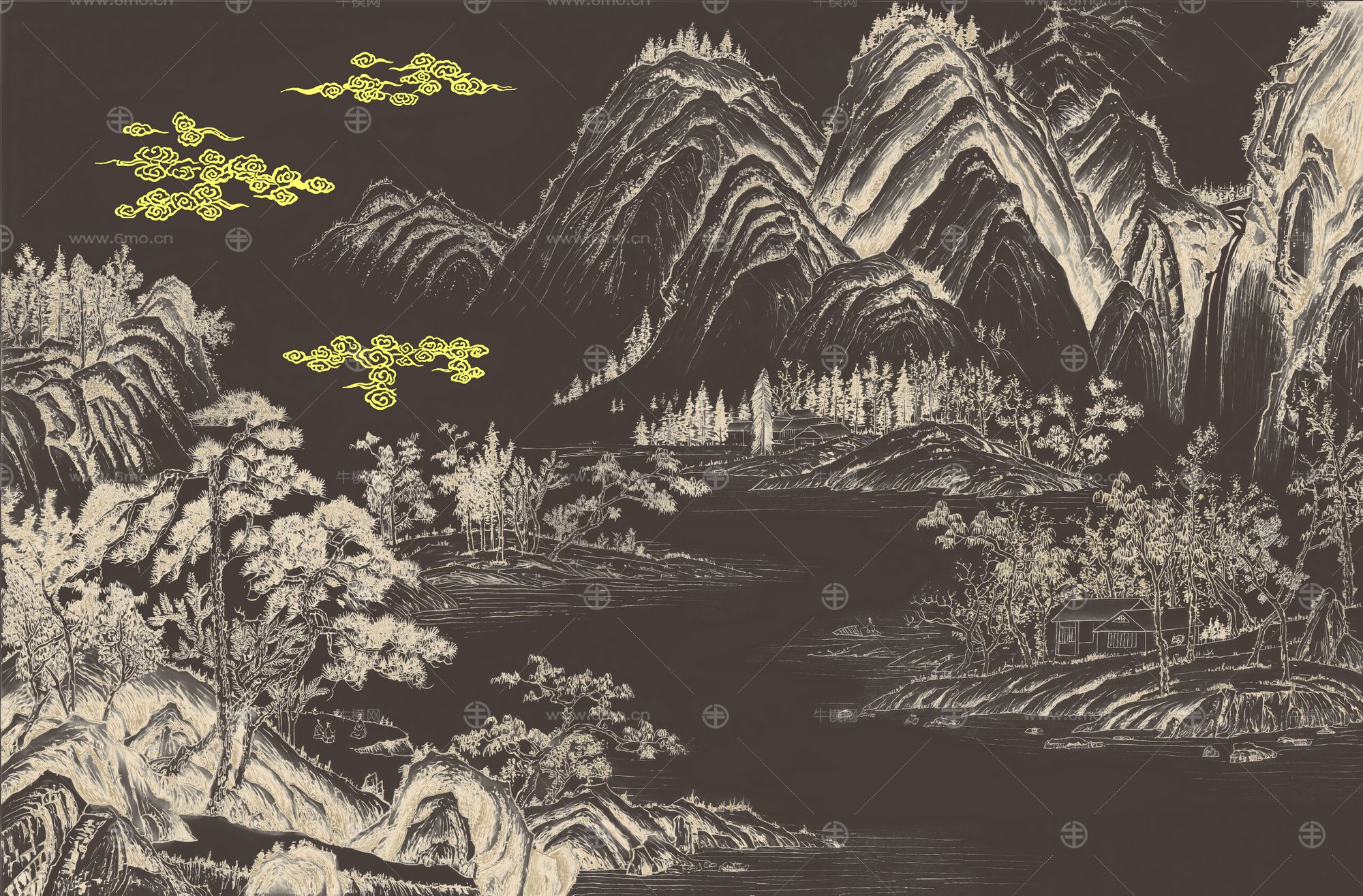 高清新中式亭台楼阁线条肌理背景墙壁画