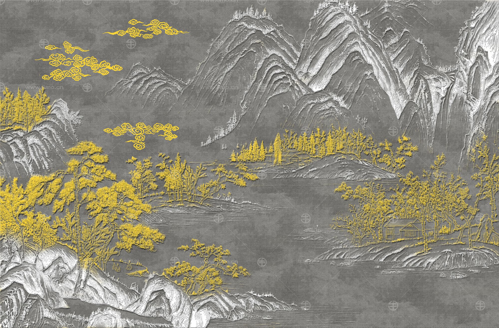 高清新中式亭台楼阁线条肌理背景墙壁画