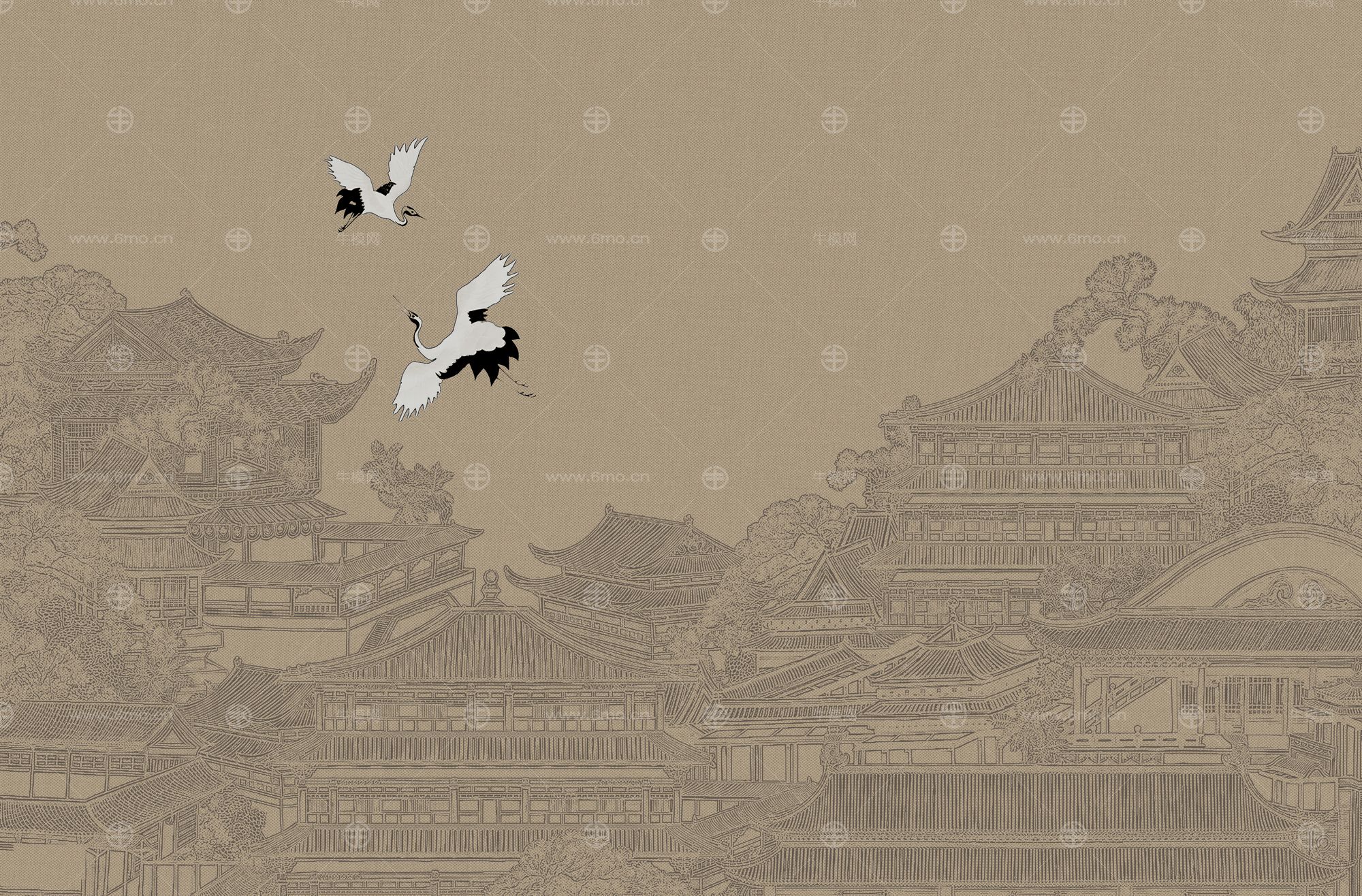 高清新中式亭台楼阁线条肌理背景墙壁画