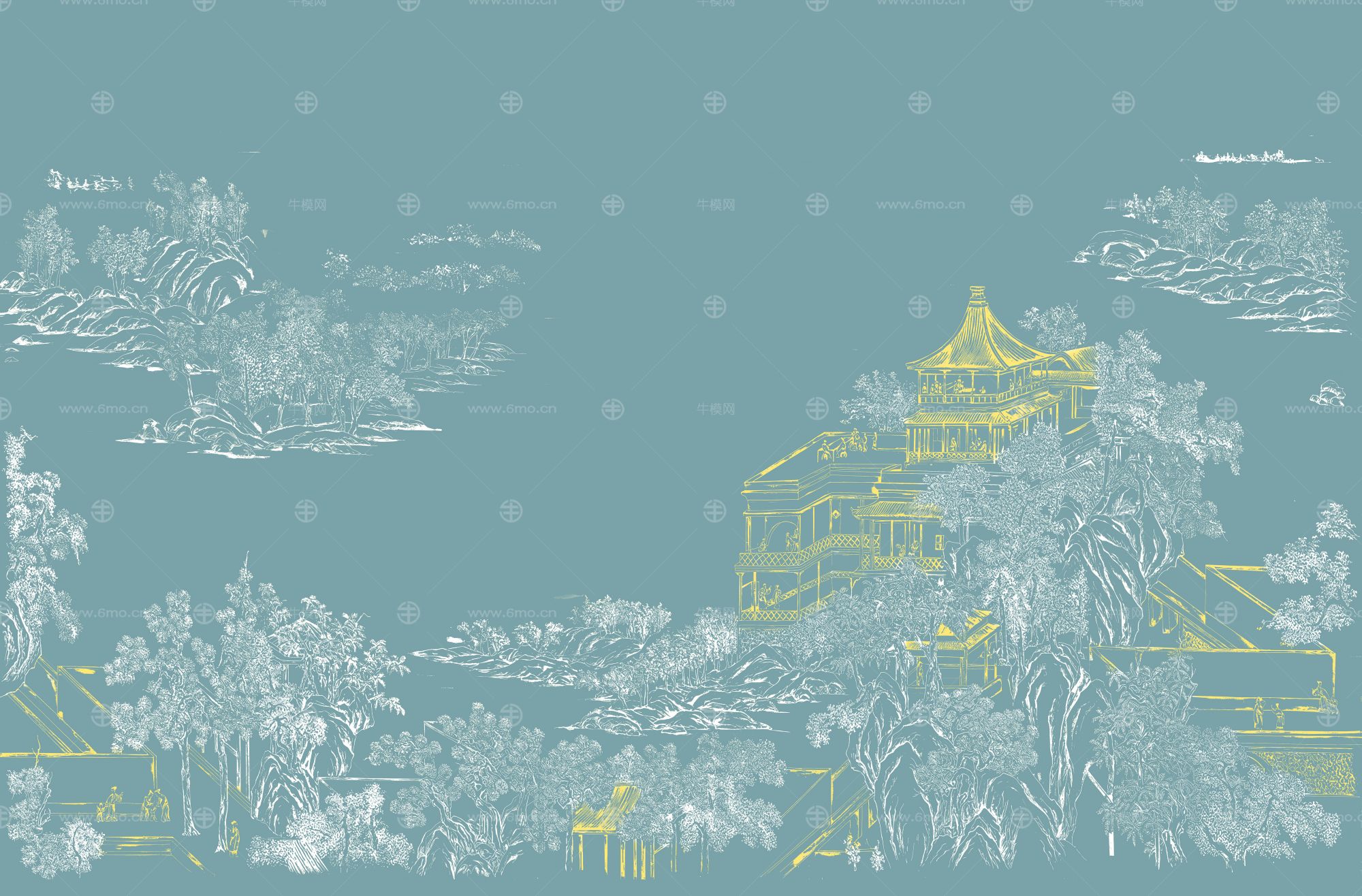 高清新中式亭台楼阁线条肌理背景墙壁画