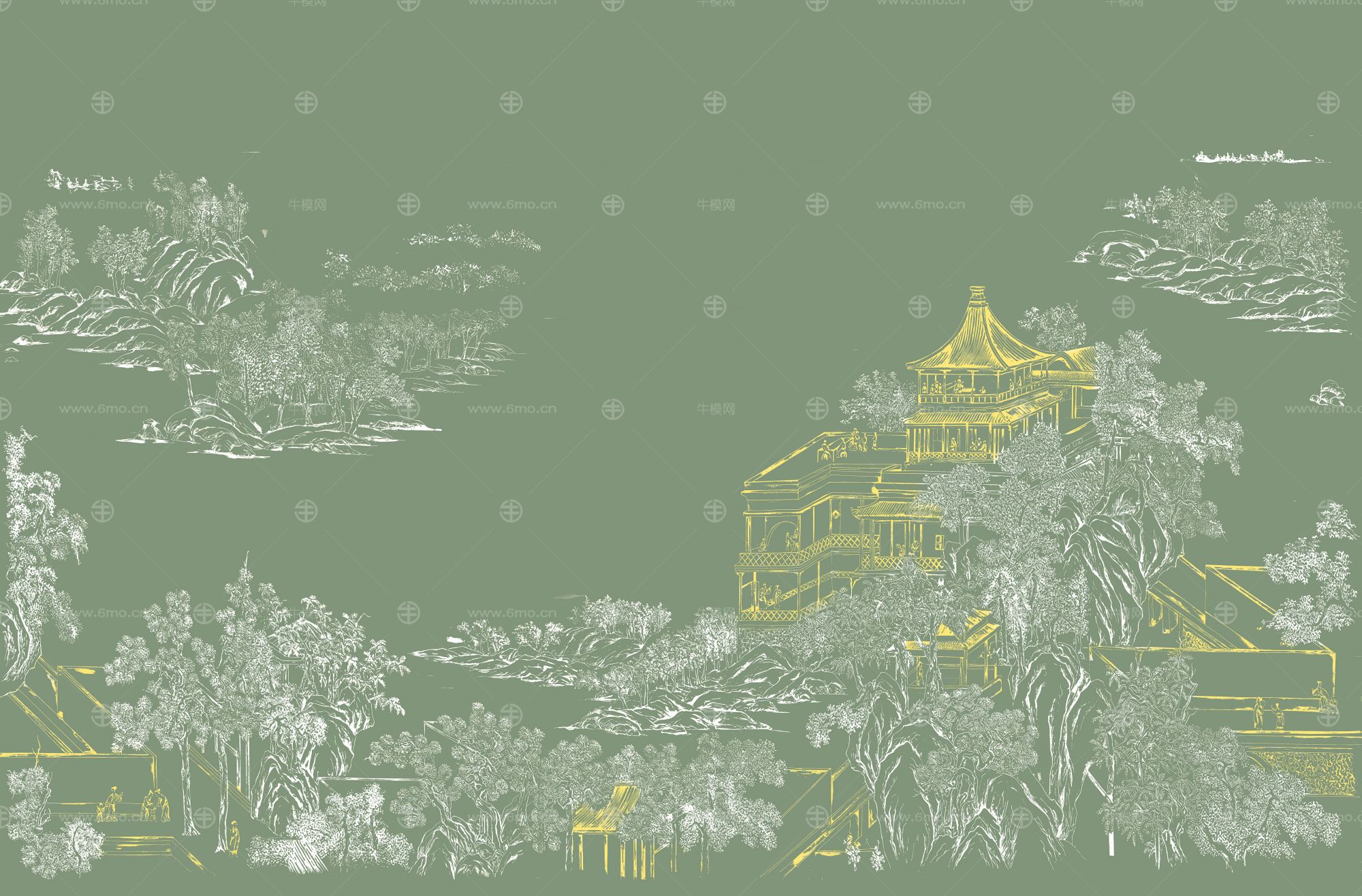 高清新中式亭台楼阁线条肌理背景墙壁画