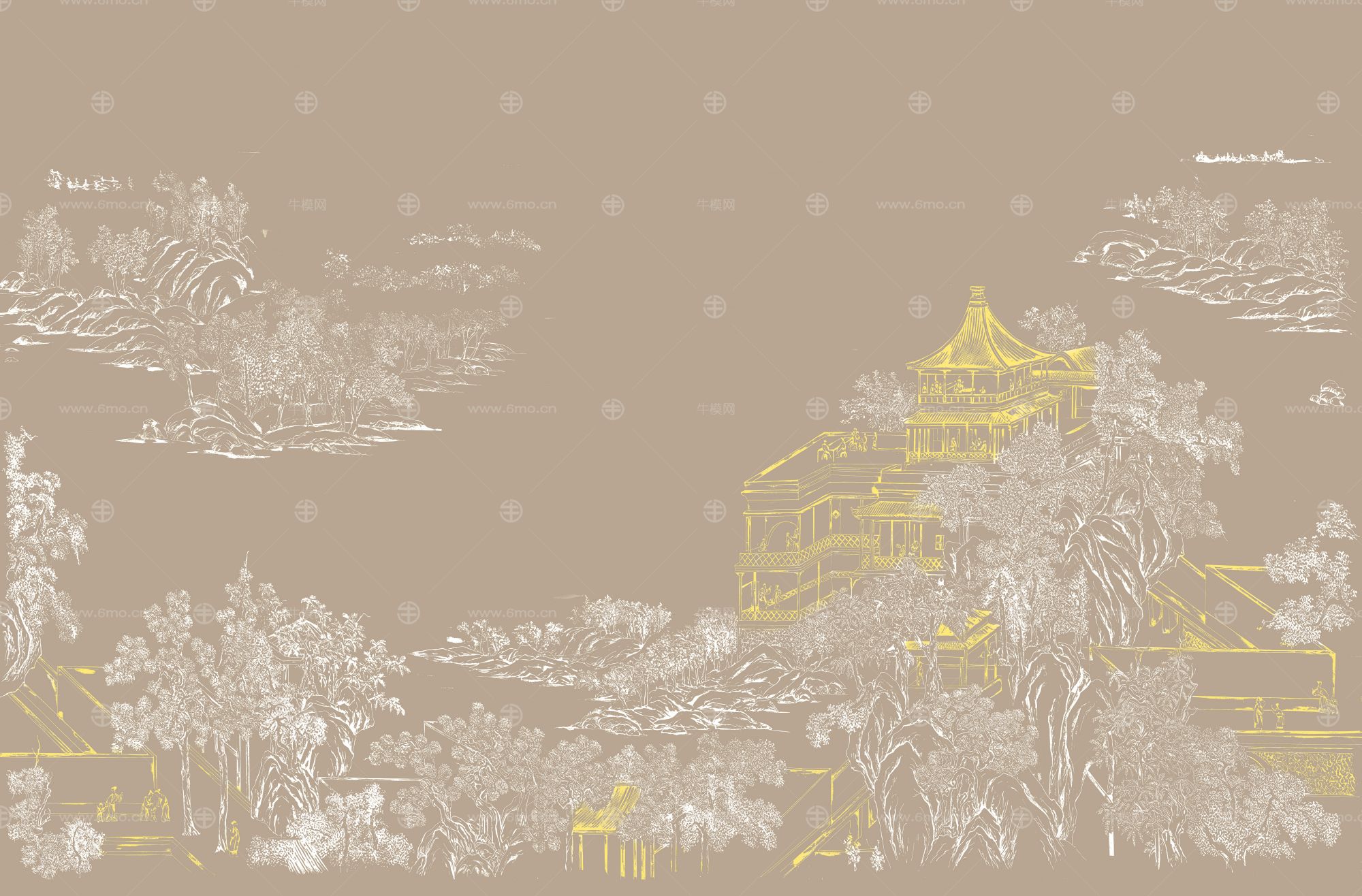 高清新中式亭台楼阁线条肌理背景墙壁画