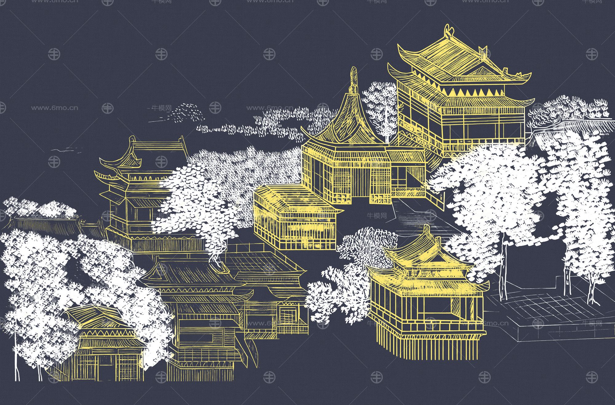 高清新中式亭台楼阁线条肌理背景墙壁画