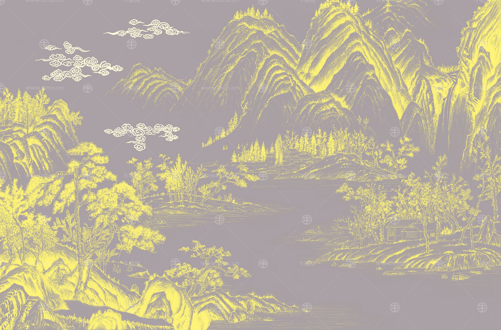 高清新中式亭台楼阁线条肌理背景墙壁画