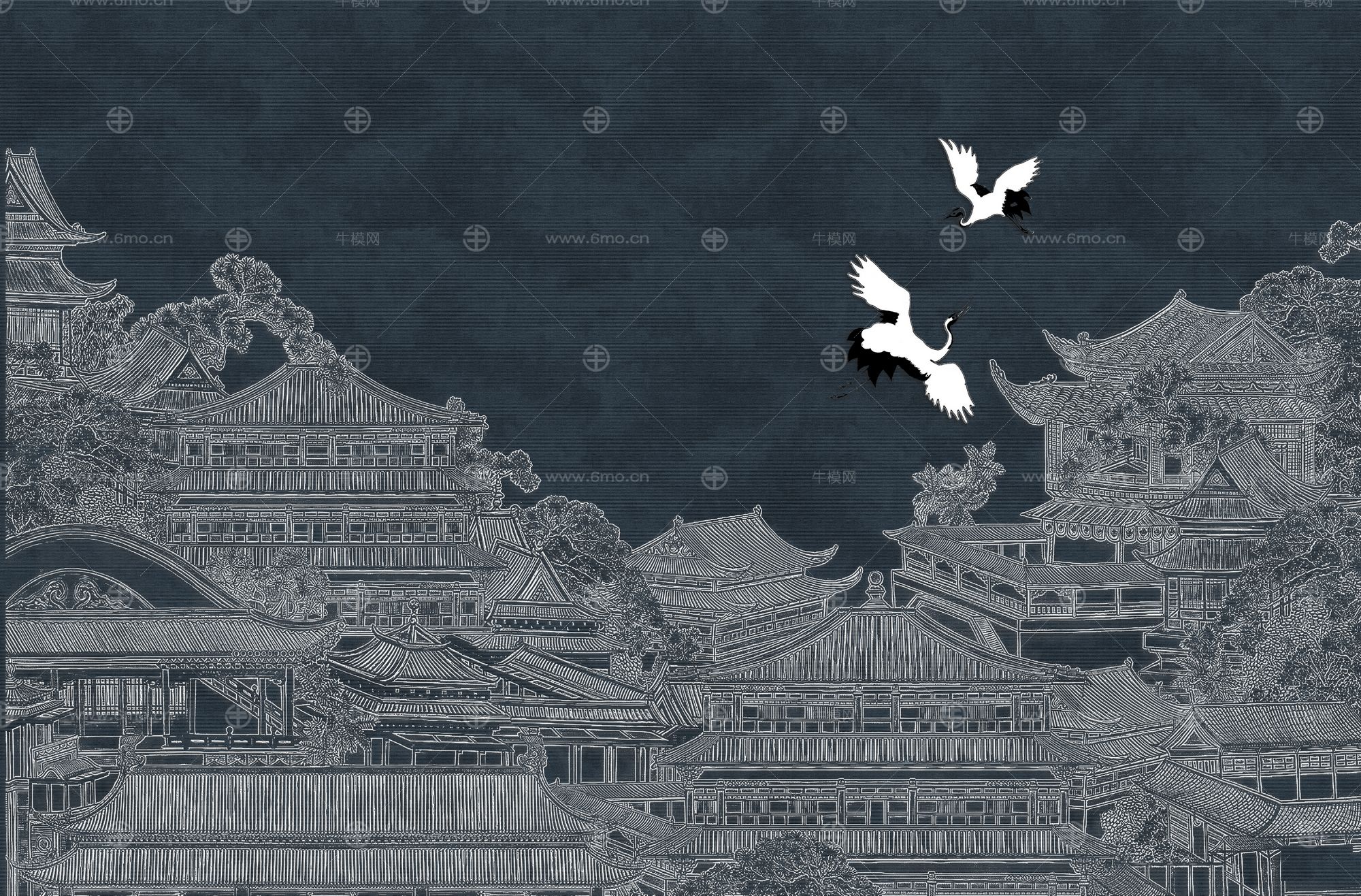 高清新中式亭台楼阁线条肌理背景墙壁画
