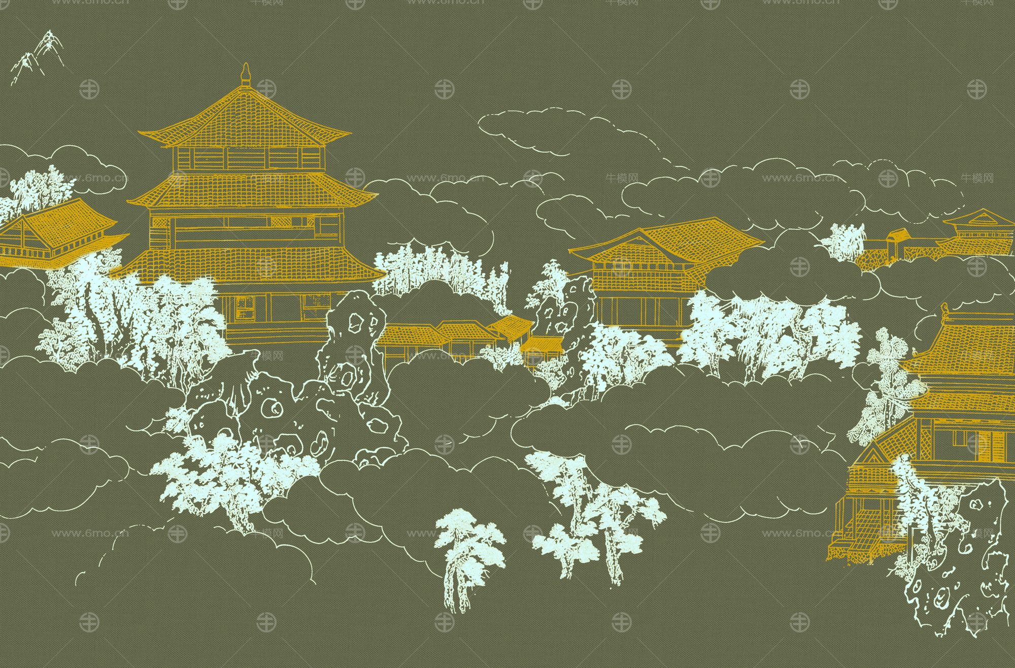 高清新中式亭台楼阁线条肌理背景墙壁画