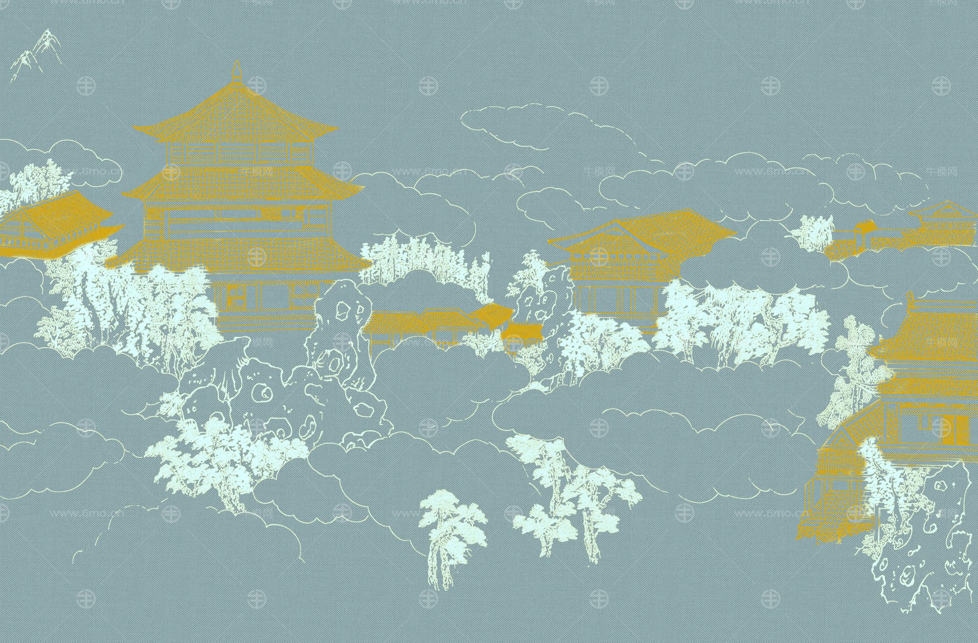 高清新中式亭台楼阁线条肌理背景墙壁画
