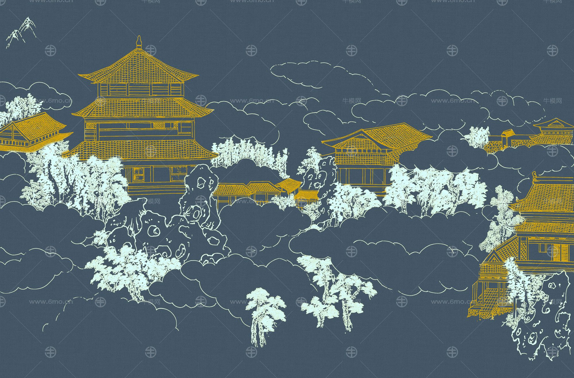 高清新中式亭台楼阁线条肌理背景墙壁画