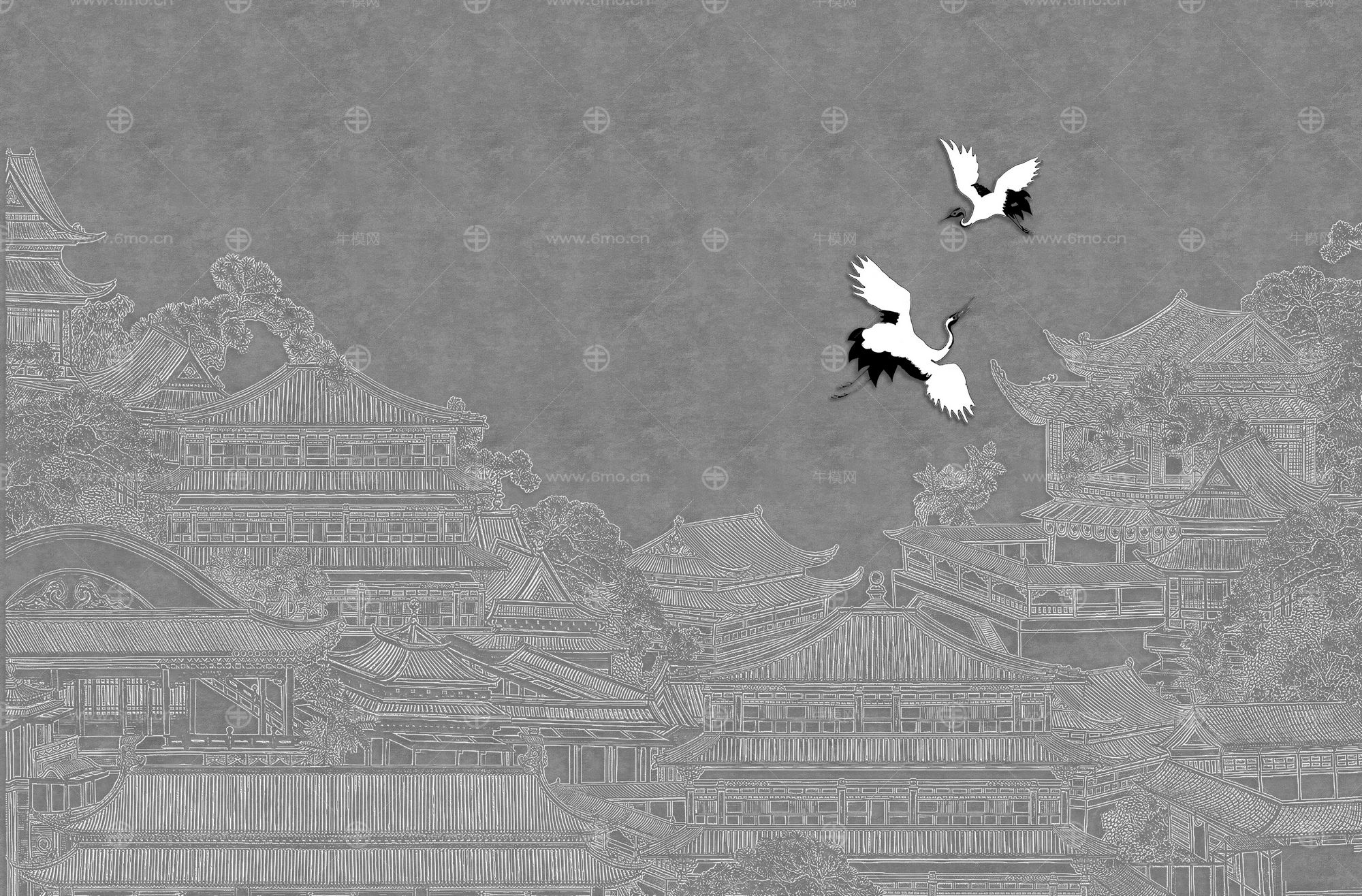 高清新中式亭台楼阁线条肌理背景墙壁画