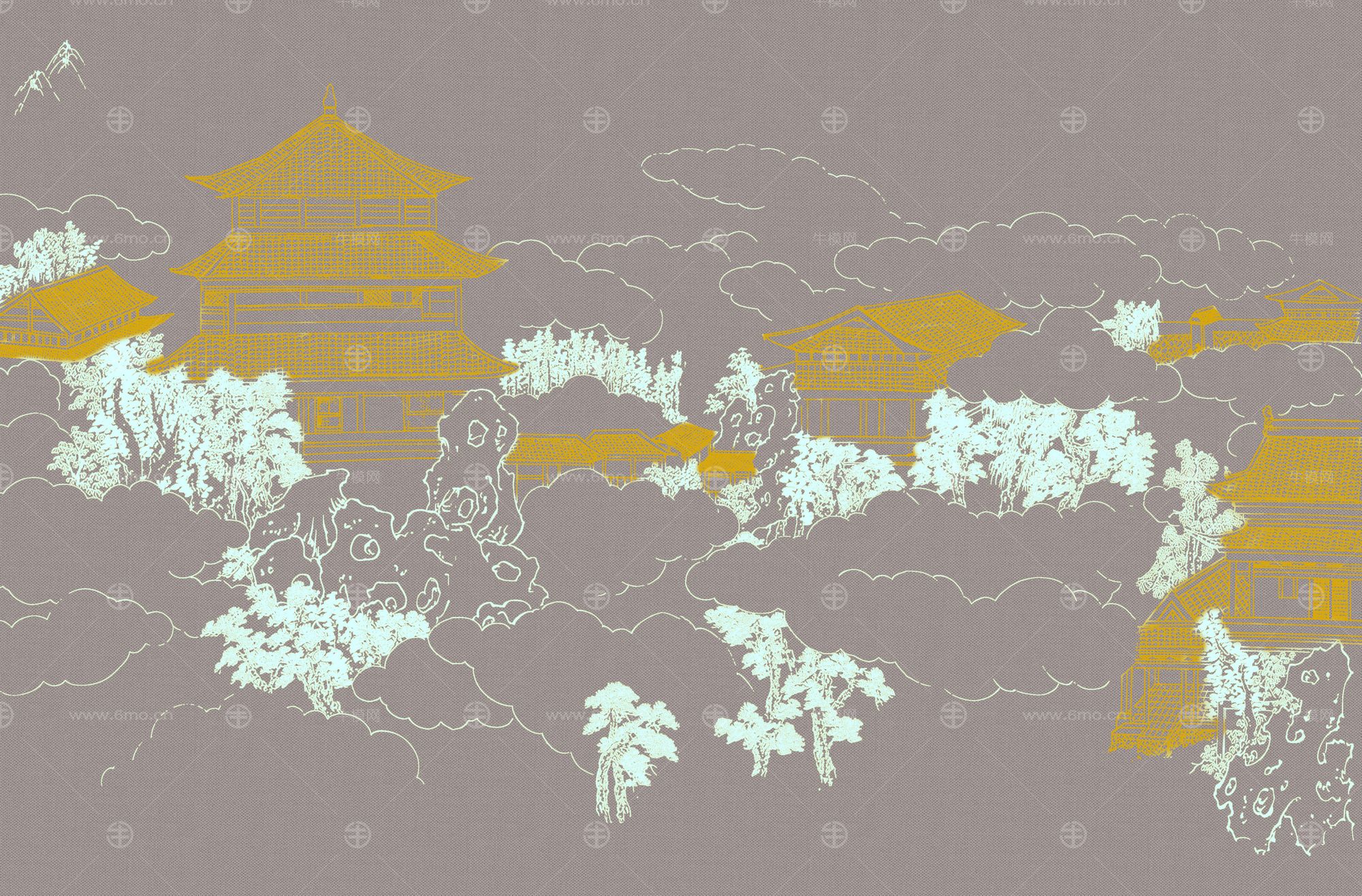 高清新中式亭台楼阁线条肌理背景墙壁画