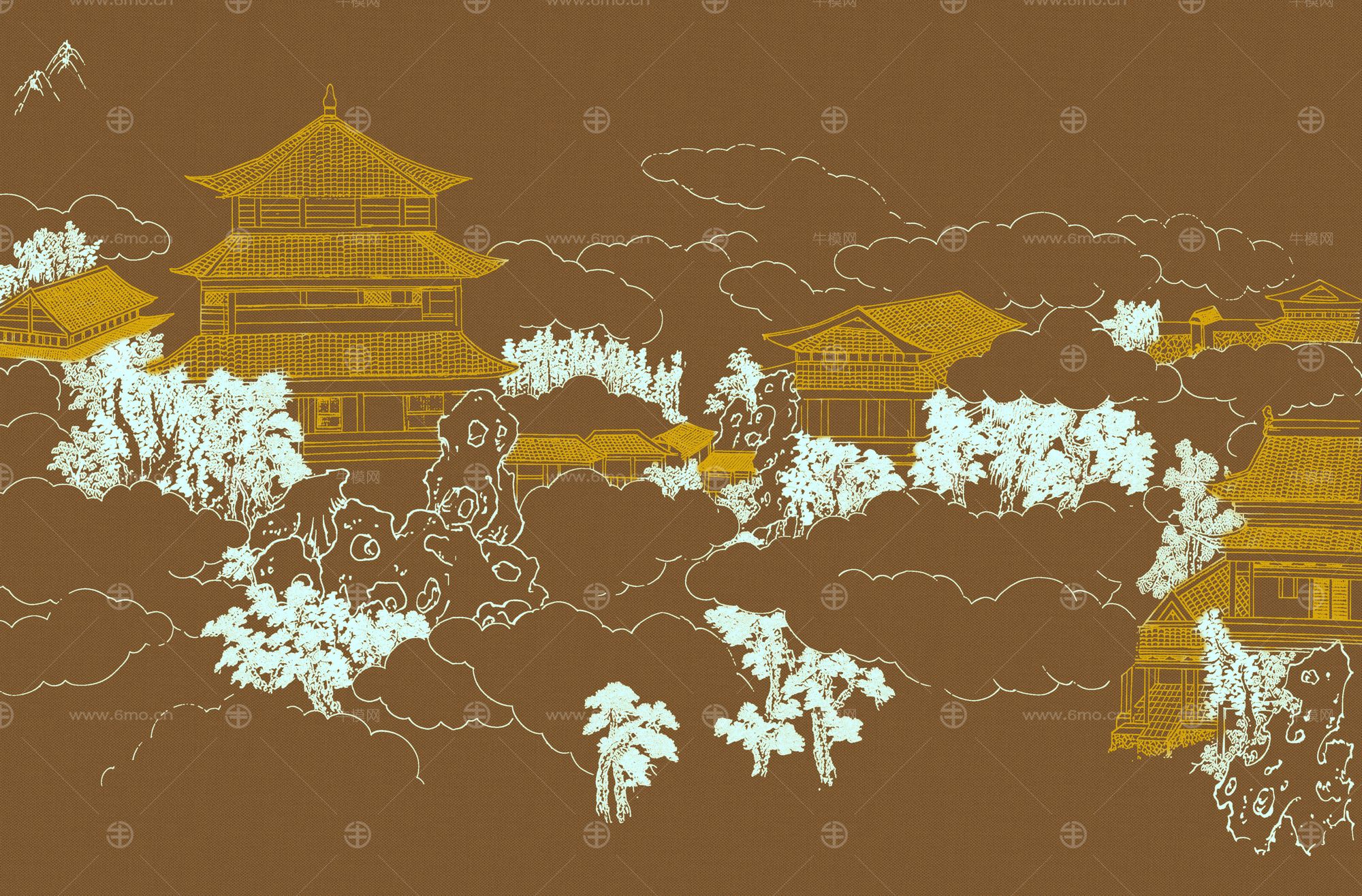高清新中式亭台楼阁线条肌理背景墙壁画