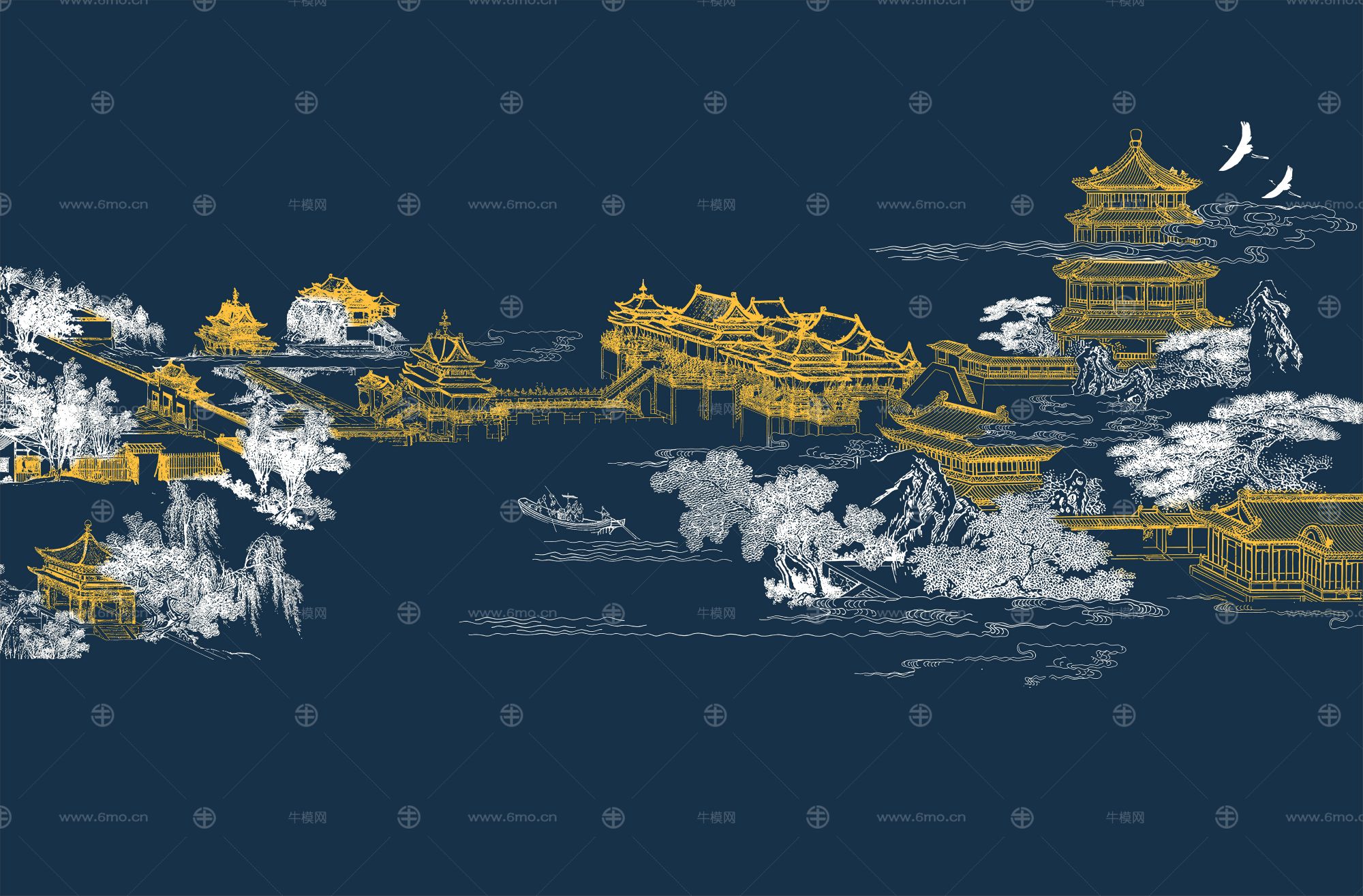 高清新中式亭台楼阁线条肌理背景墙壁画