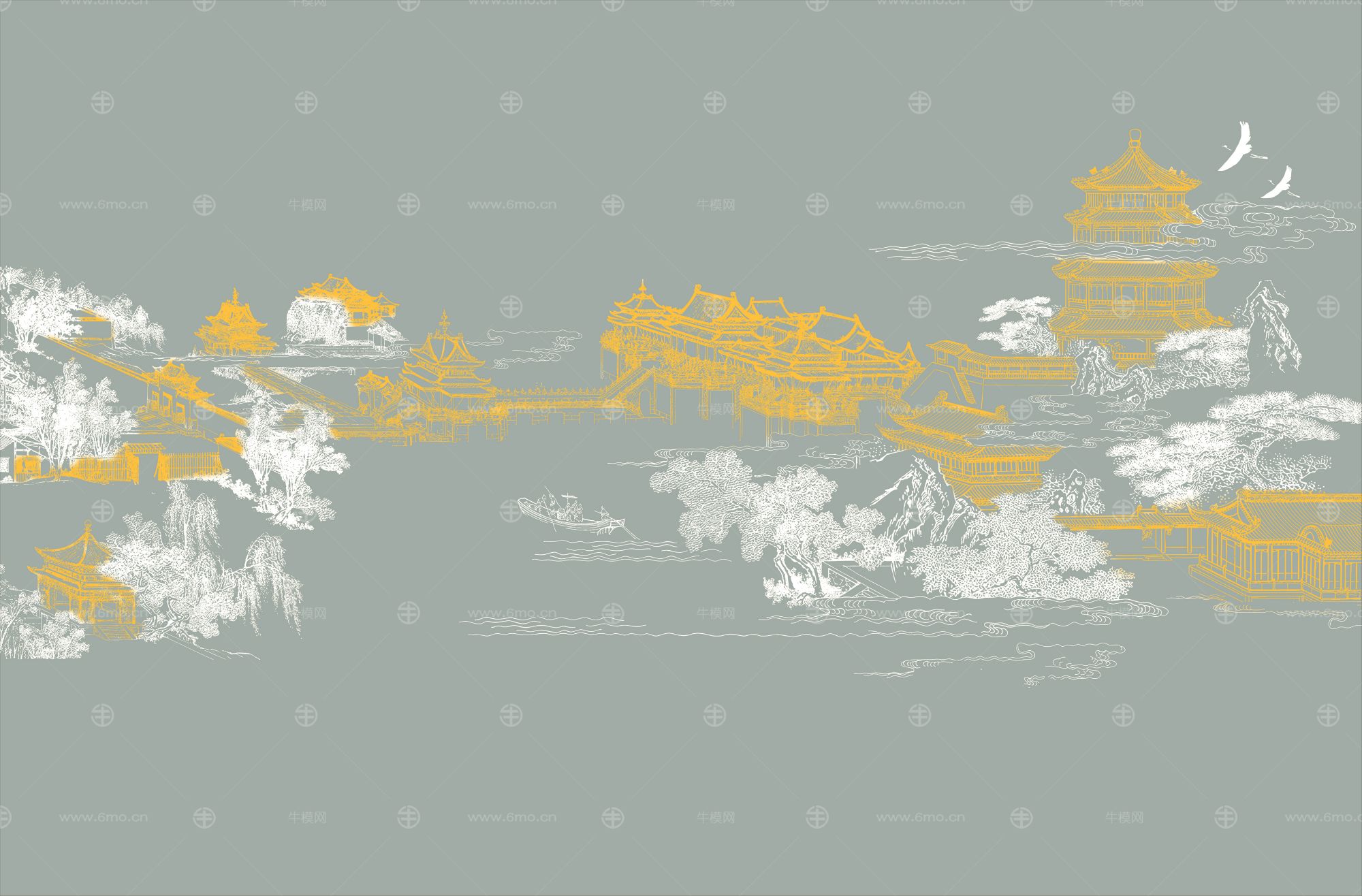 高清新中式亭台楼阁线条肌理背景墙壁画