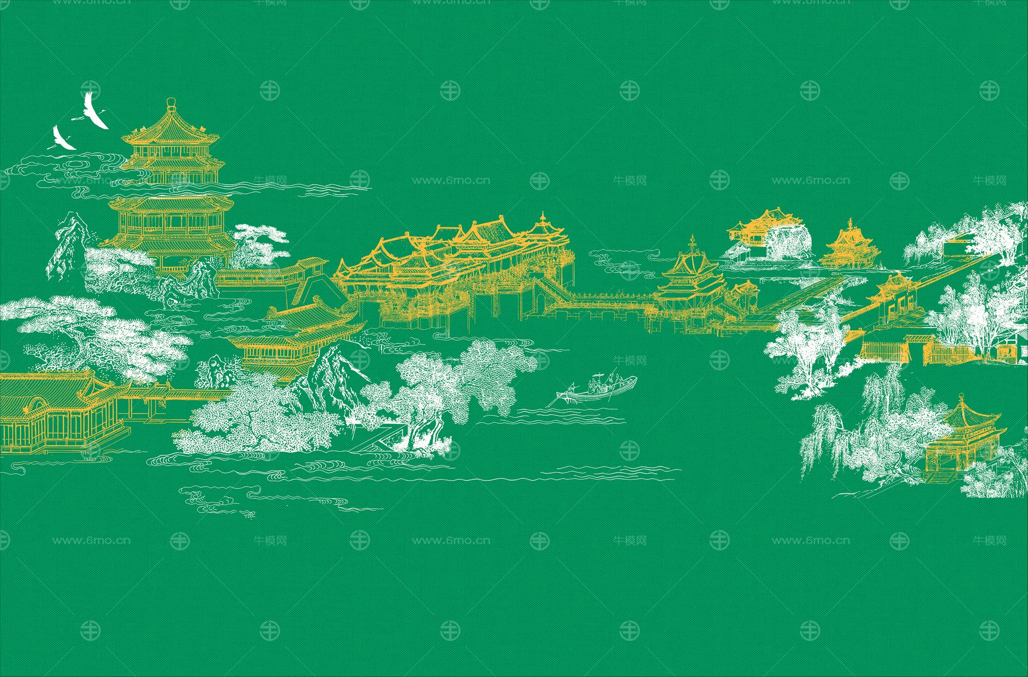 高清新中式亭台楼阁线条肌理背景墙壁画