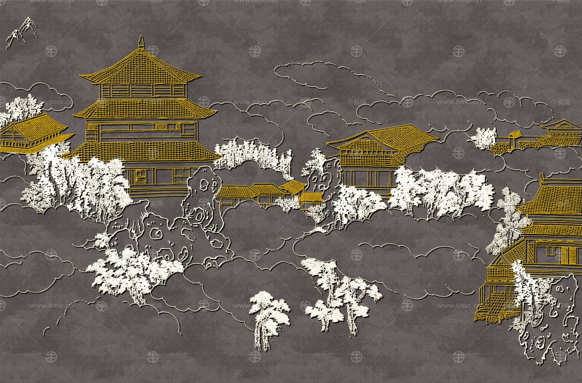 高清新中式亭台楼阁线条肌理背景墙壁画