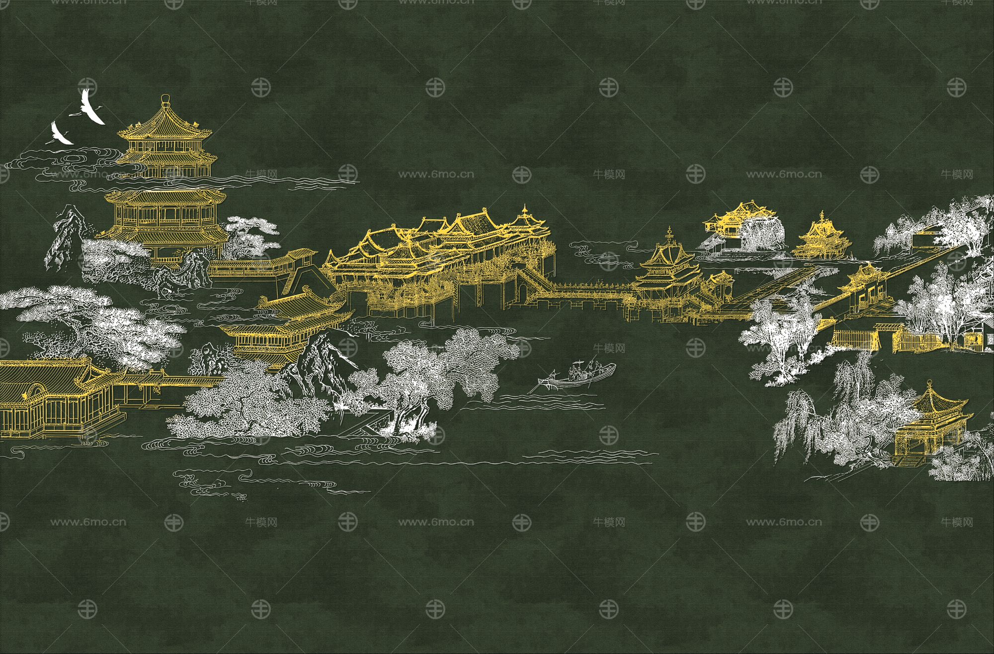 高清新中式亭台楼阁线条肌理背景墙壁画