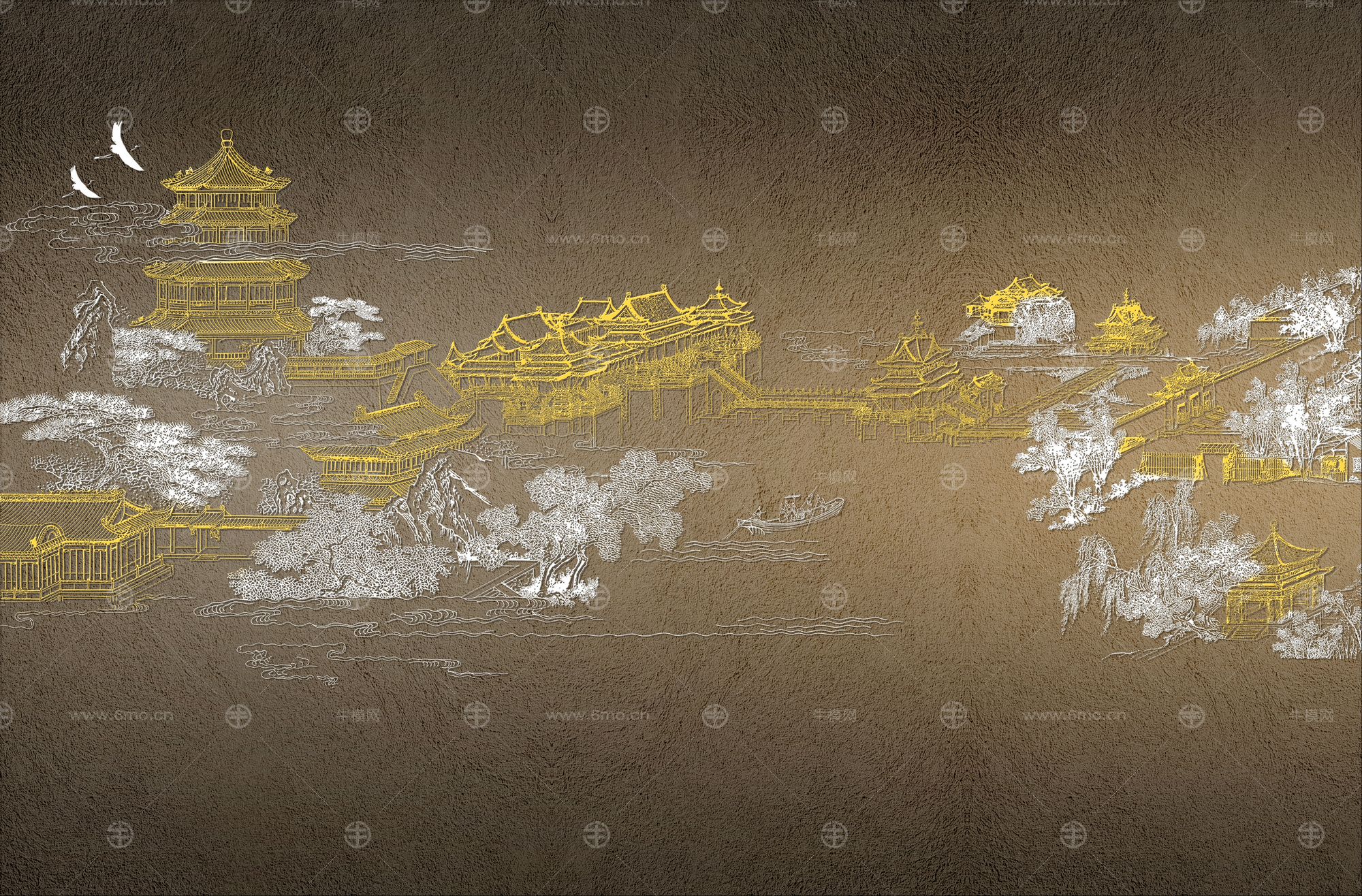 高清新中式亭台楼阁线条肌理背景墙壁画