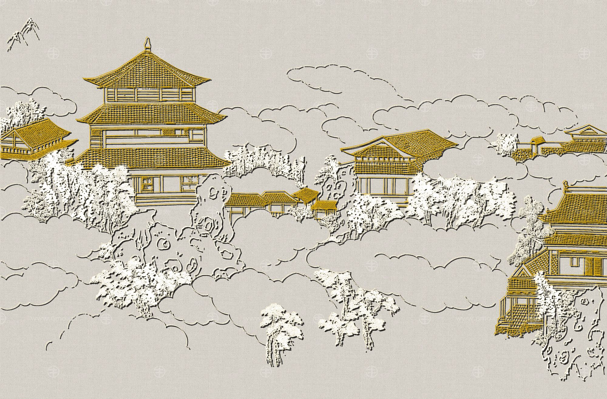 高清新中式亭台楼阁线条肌理背景墙壁画