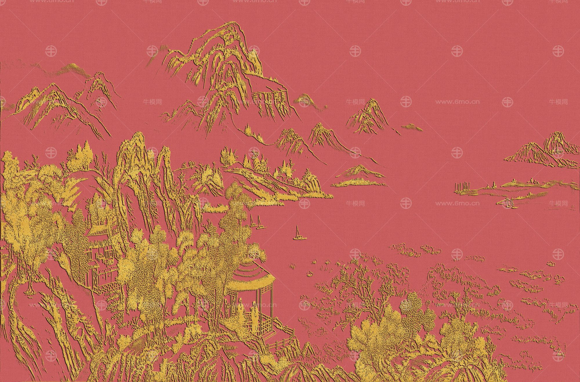 高清新中式亭台楼阁线条肌理背景墙壁画