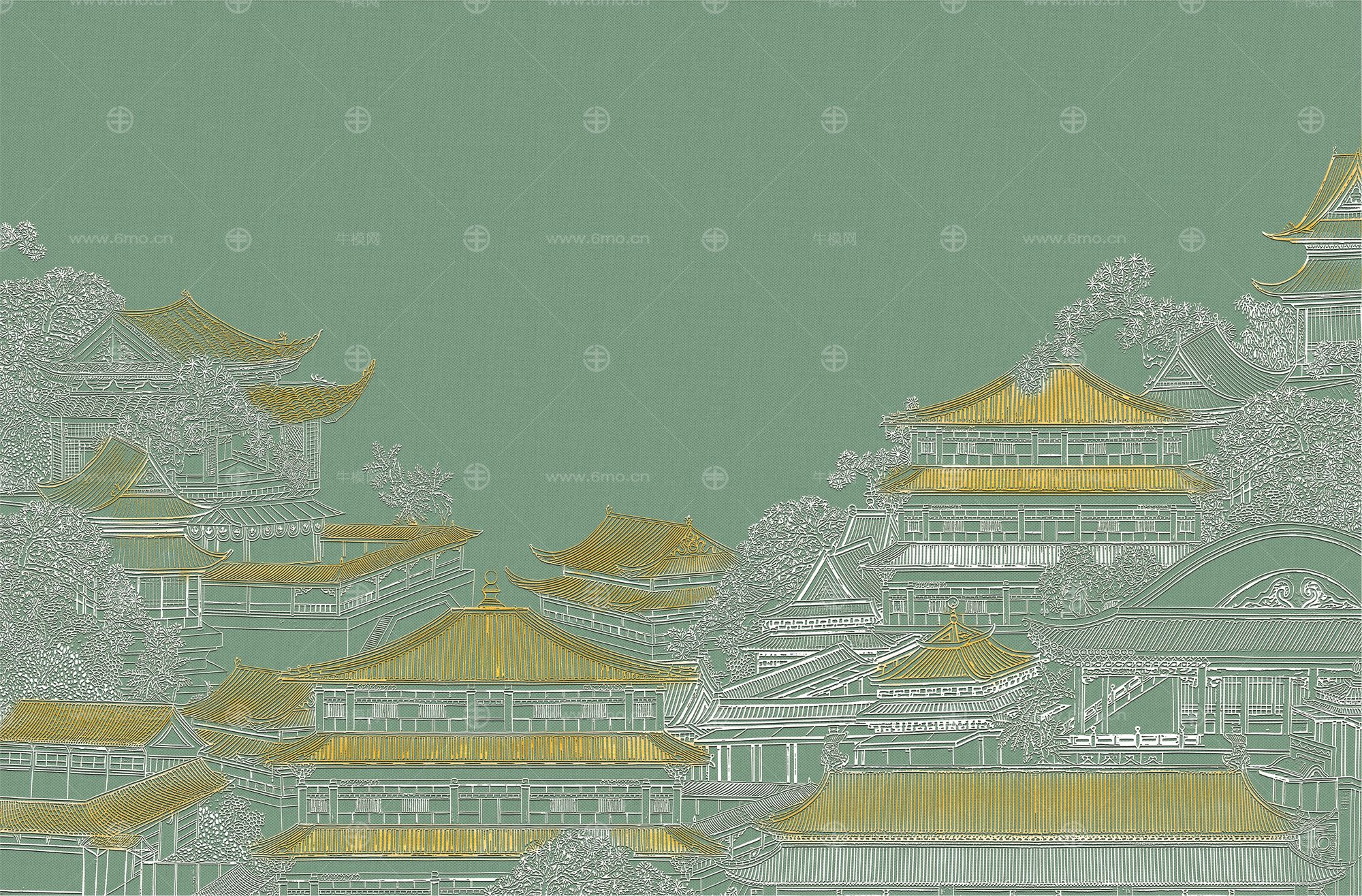 高清新中式亭台楼阁线条肌理背景墙壁画